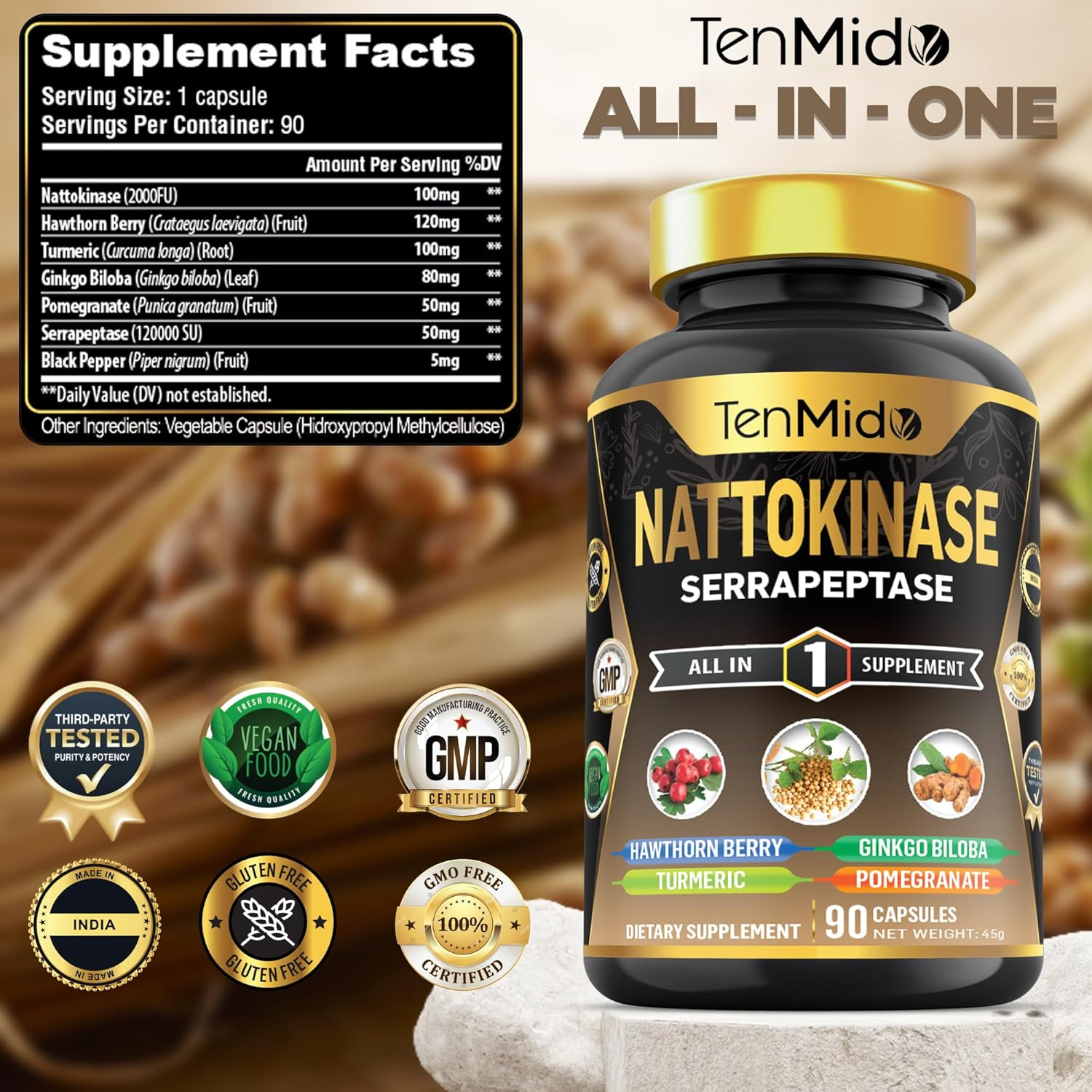 Tenmido Nattokinase Supplements - 7In1 with Hawthorn Berry, Turmeric, Ginkgo Biloba, Pomegranate, Serrapeptase & Black Pepper - 90 Vegan & Non-Gmo Capsules image number 1