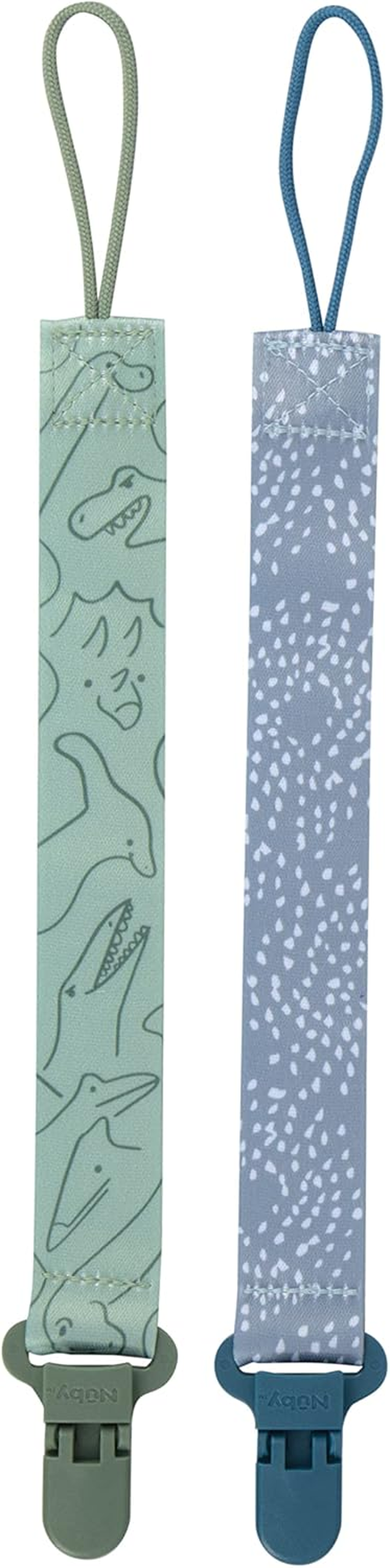 Nuby Pacifinder Pacifier Clip, 2 Pack Pacifier Holder for Boy, Blue Dots and Green Dino image number 1