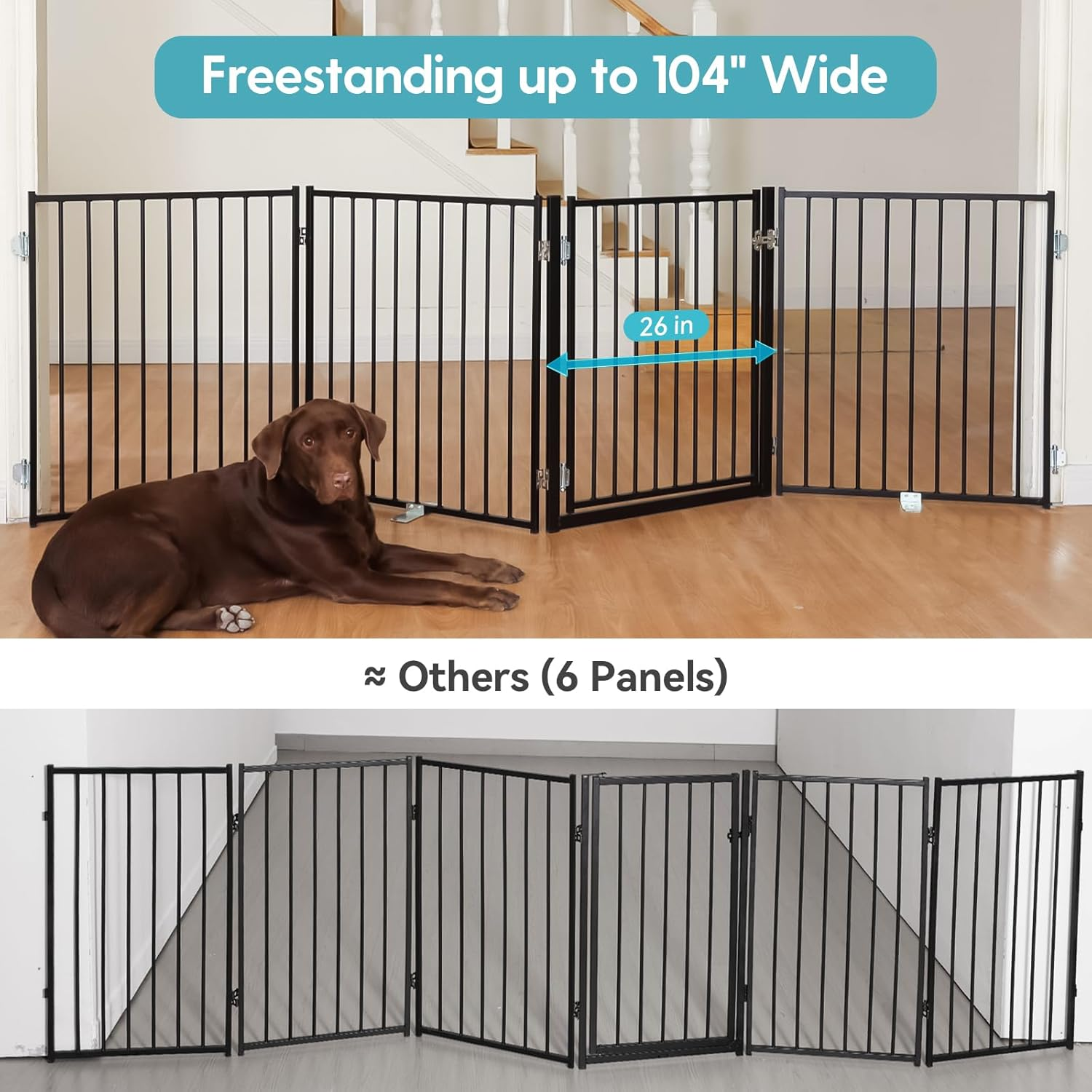 No Pawblems Free Standing Dog Gate with Door, 30'' Tall Foldable Dog Fence for Indoor & Outdoor, up to 104 Inch Extra Wide Puppy Gate for Stairs, Hallways, Doorways, Deck, Yard (Black, 4 Panels) - White image number 5