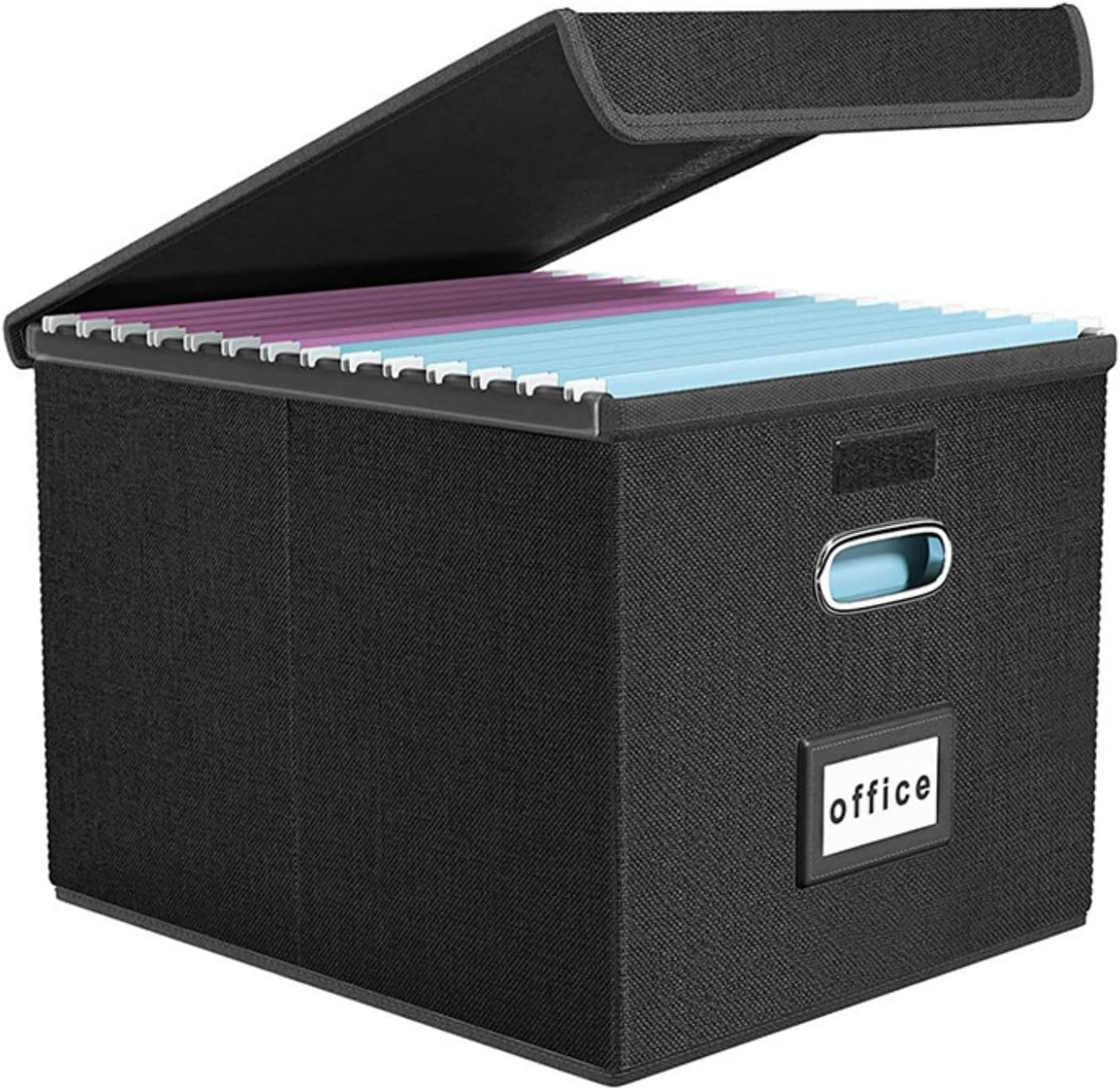 File Organizer Box, Upgraded Large Linen Hanging Office Document Storage Box with Lid, Collapsible Filing Storage Boxes, Filing Box Cabinet for Office Home, Black