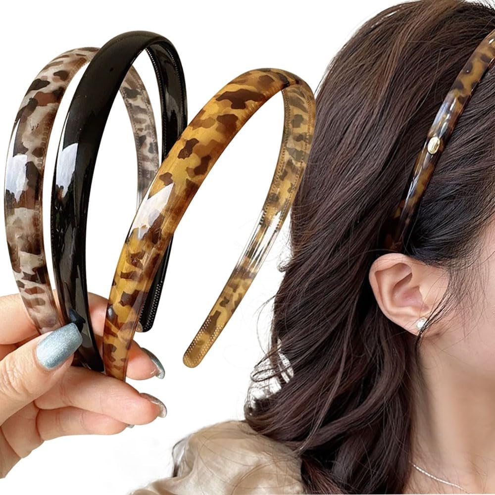 FQYN 3Pcs Retro Leopard Print Headbands Set, Fashion Acetate Hair Bands Black Head Bands Non-Slip Tortoise Headband with Teeth, Tortoise Shell Headband Hair Style Accessories for Women and Girls