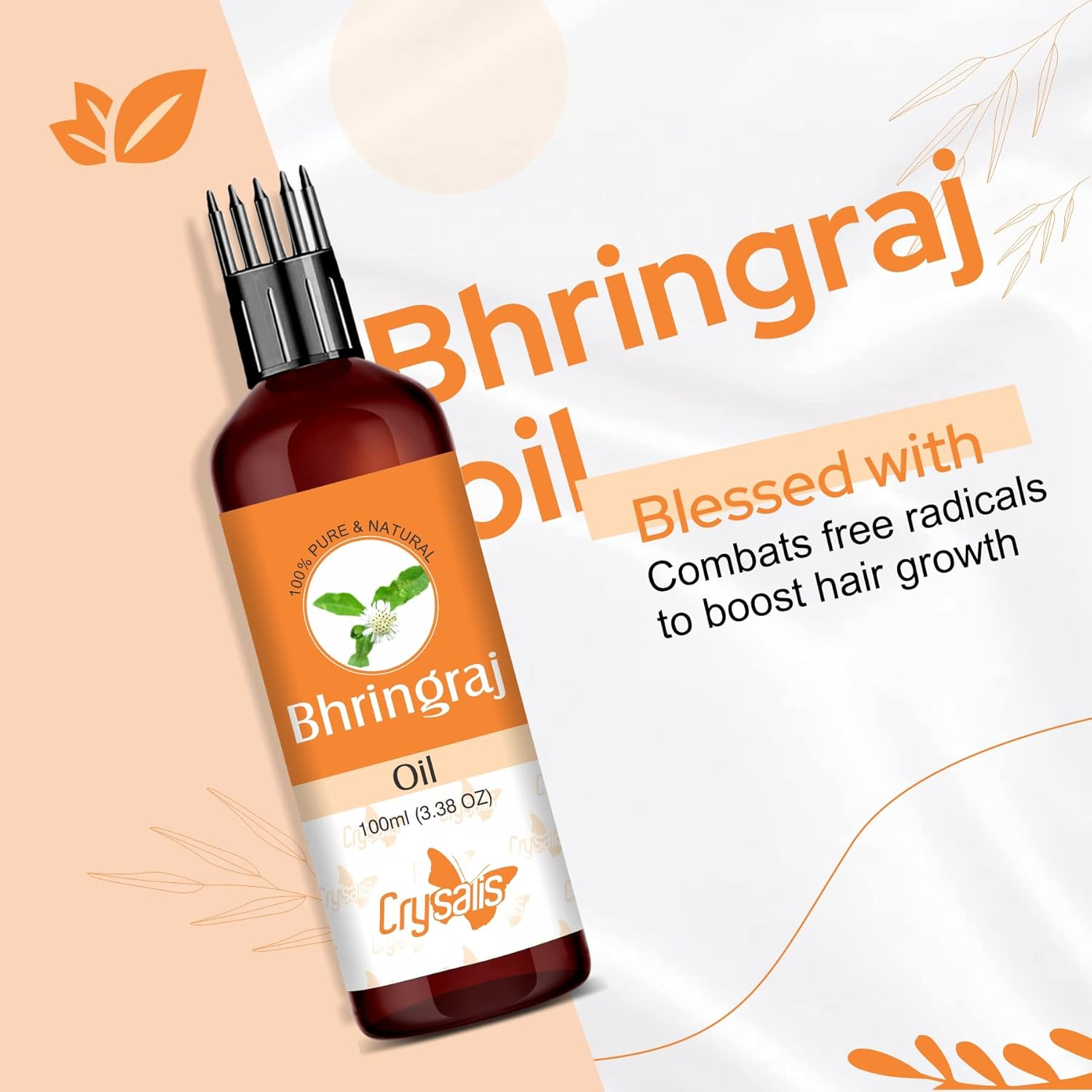 Crysalis Bhringraj (Eclipta Prostrata) Oil with Comb Applicator 100% Pure & Natural Hair Oil for Longer, Thicker & Volumized Hair, for Frizzy & Dry Hair, Promotes Hair Growth, Paraben Free - 100 Ml