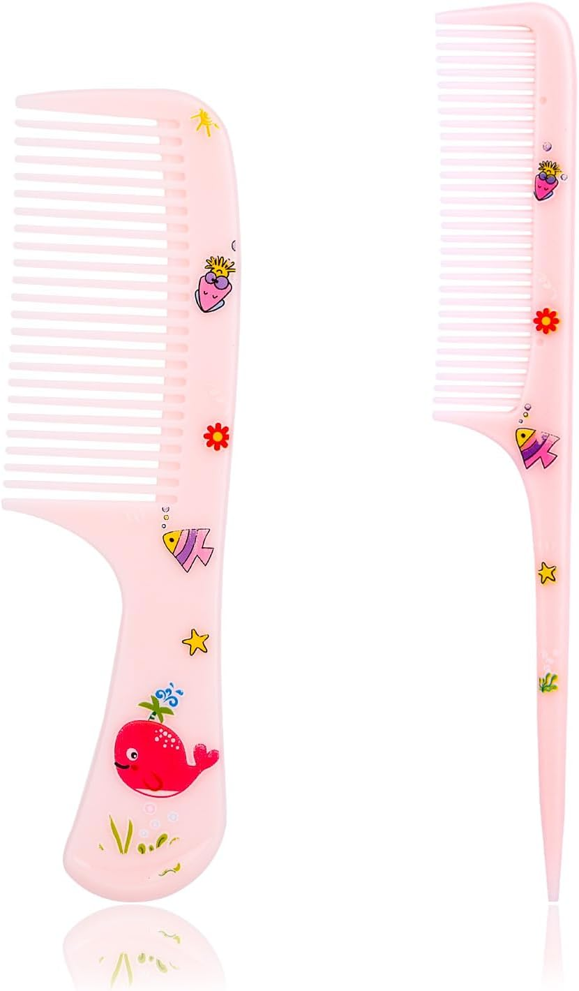2Pcs Cute Hair Comb Set, Fine Tooth & Rat Tail Styling Comb Mini Baby Plastic Hairbrush Tools Accessories for Toddlers Kids Women All Hair Types (Pink Whale)