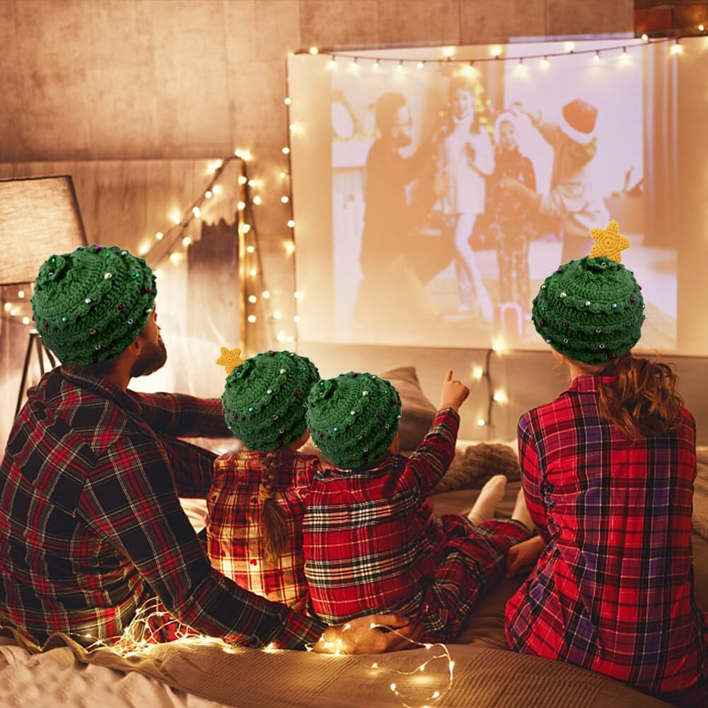 Unisex Christmas Winter Knitted Crochet Beanie Bearded Caps Christmas Tree Knit Hat Warm Hat Green with Stars image number 2