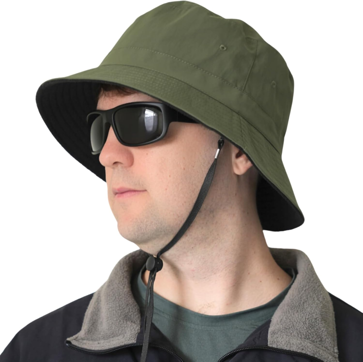 OZ SMART Australia Winter Big Head Bucket Hat with Inner Fleece, Men/Women Wide Brim Bucket Hat for Fishing Camping with Chin Strap UPF 50 UV