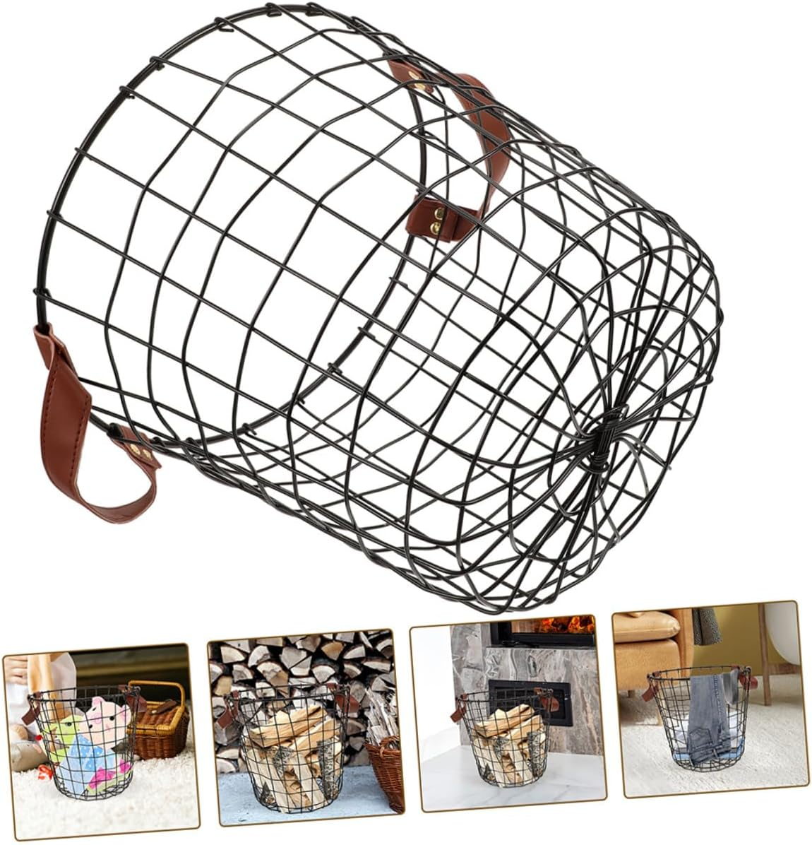 2Pcs Metal Firewood Organizer Basket with Portable Handle round Rustic Outdoor Storage Holder for Camping and Home Weather-Resistant Iron Log Carrier for Firewood and Sundries image number 4