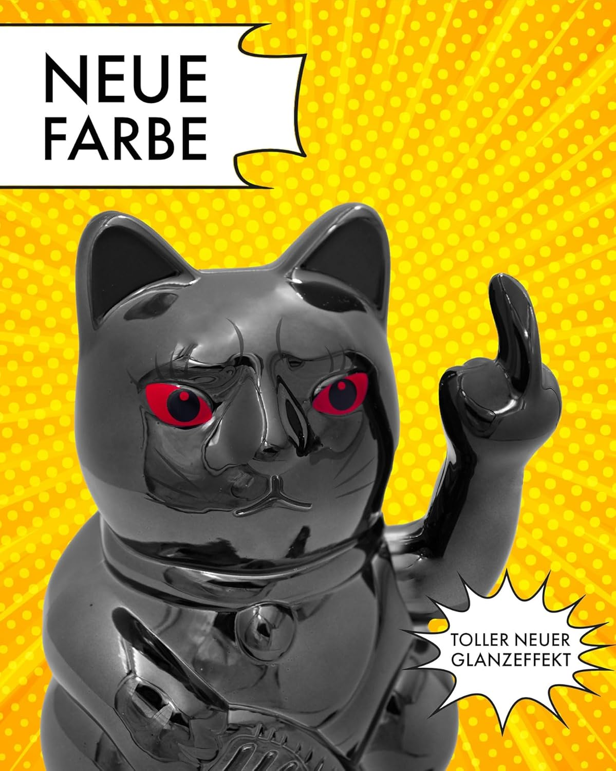 ANGRY CAT - Lucky Cat - Funny Waving Cat - Japanese Waving Cat with Stink Finger - Decorative Wobble Figure Cat - Waving Arm with Middle Finger - 15 Cm, Black Shiny image number 3
