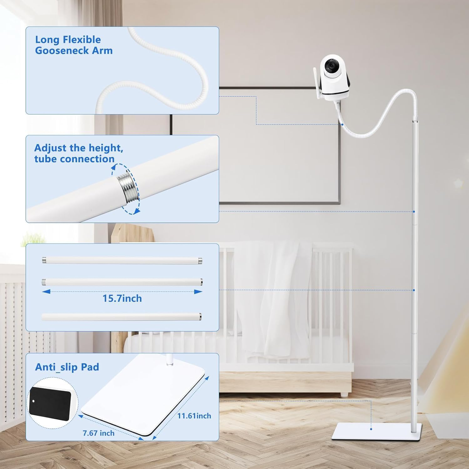 Baby Monitor Floor Stand Holder Mount for Nanit Pro & Flex Stand,Infant Optics,Vtech Vm901/Vm819,Momcozy,Hellobaby,Owlet Cam/Cam 2,And Camera with 1/4" Threaded Hole,Keep Baby Away from Touching image number 6