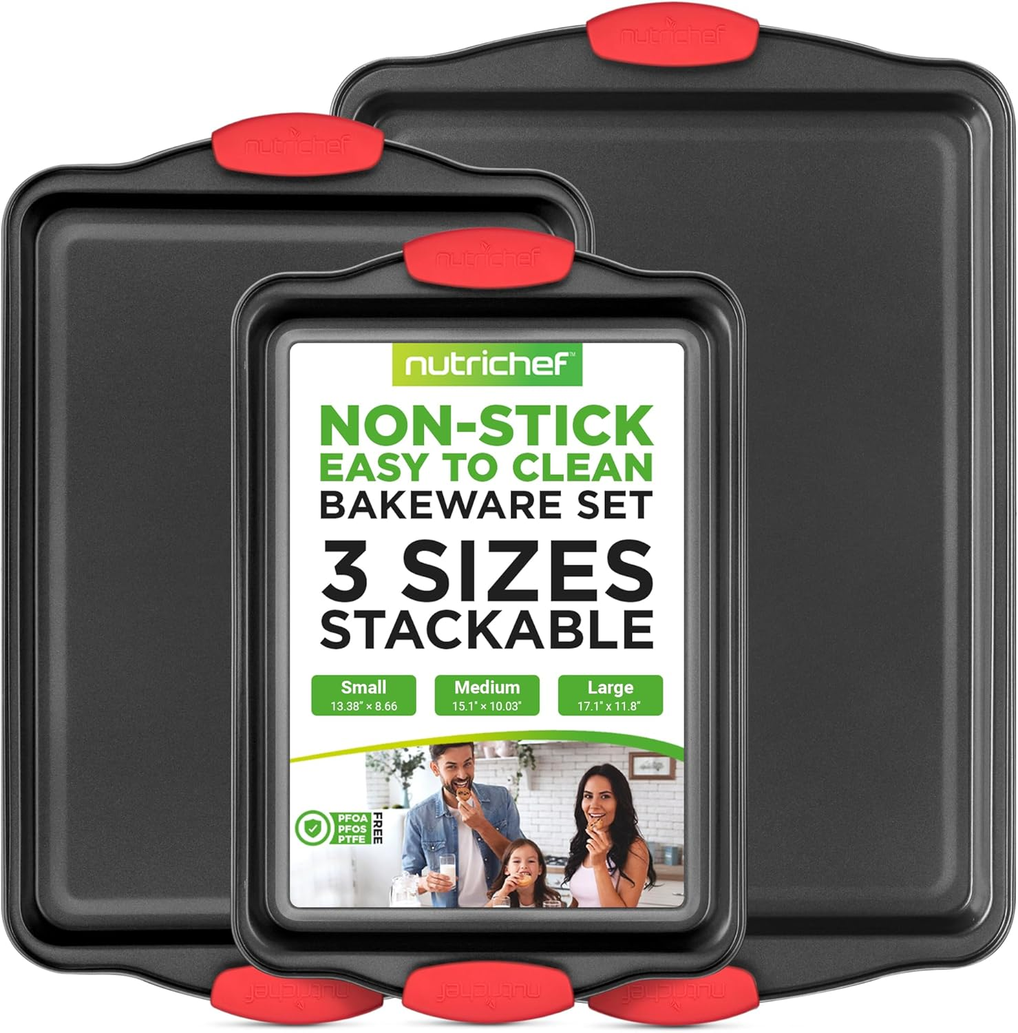 Nutrichef 3 Pc Baking Trays, Cookie Sheet, Nonstick Oven Tray Set, Carbon Steel Baking Sheets, Bakeware Set with Red Silicone Handles, Includes Small, Medium, and Large Sheet Pans