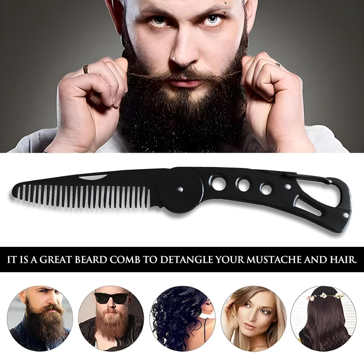 Kootinn Stainless Steel Folding Beard Comb - Portable Multifunction anti Static Comb with Leather Cover for Men Grooming, Combing Hair, and Mustache Styling image number 4