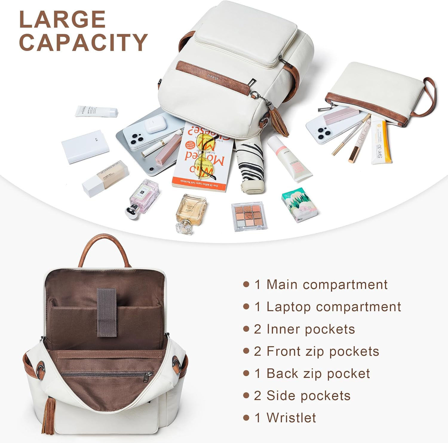 Shrrie Vegan Leather Backpack for Women Backpack Purse 15.6 Inch Womens Laptop Backpack for College Travel Work - Two-Tone Black image number 3