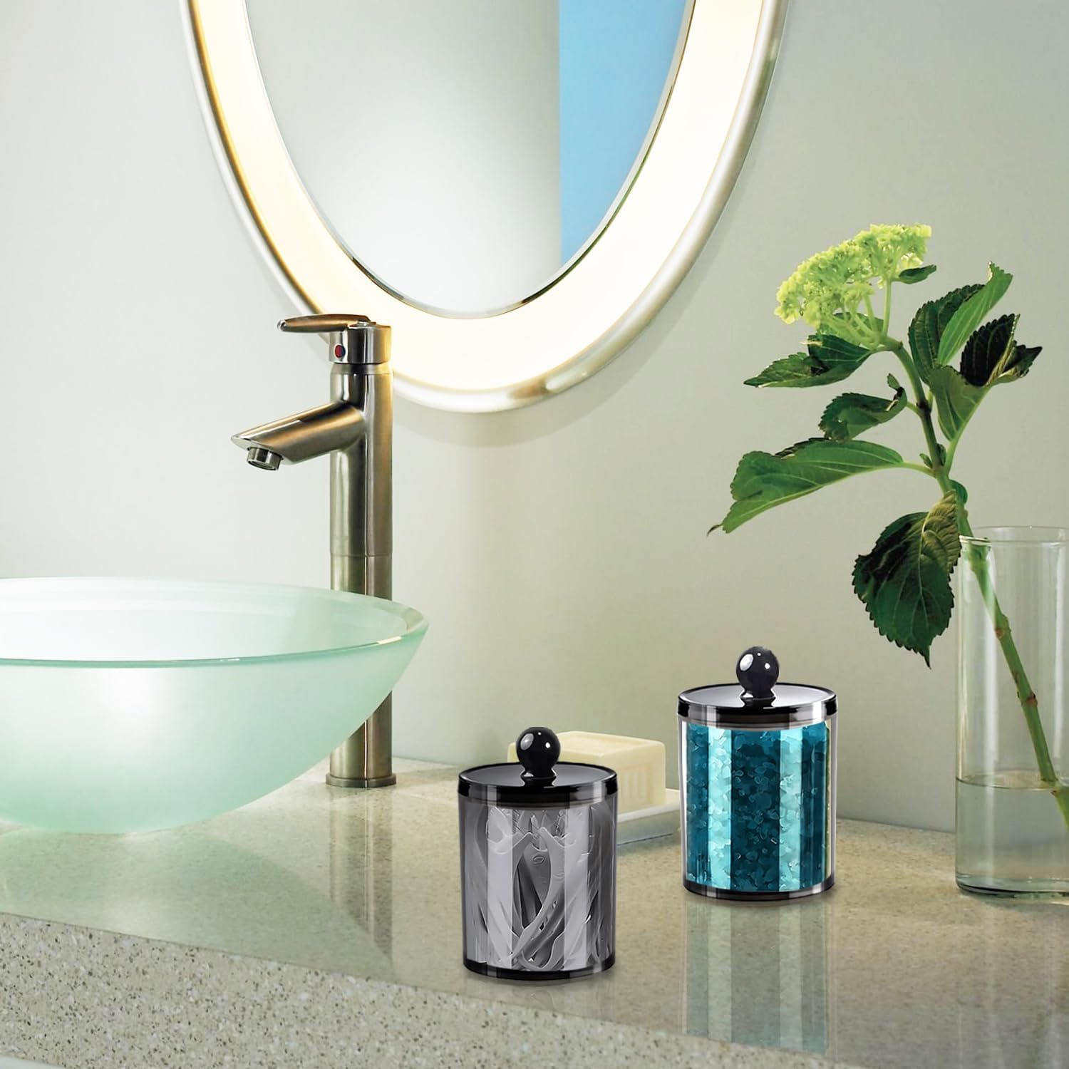 QIXIAOTOUQI 4 Pack Cotton Buds Dispenser, Cotton Pad Holder, Clear Black Cotton Swab Holder ,12 Oz Black Apothecary Jars Bathroom for Cotton Ball, Pads,Floss,Makeup Sponges,Hair Clips