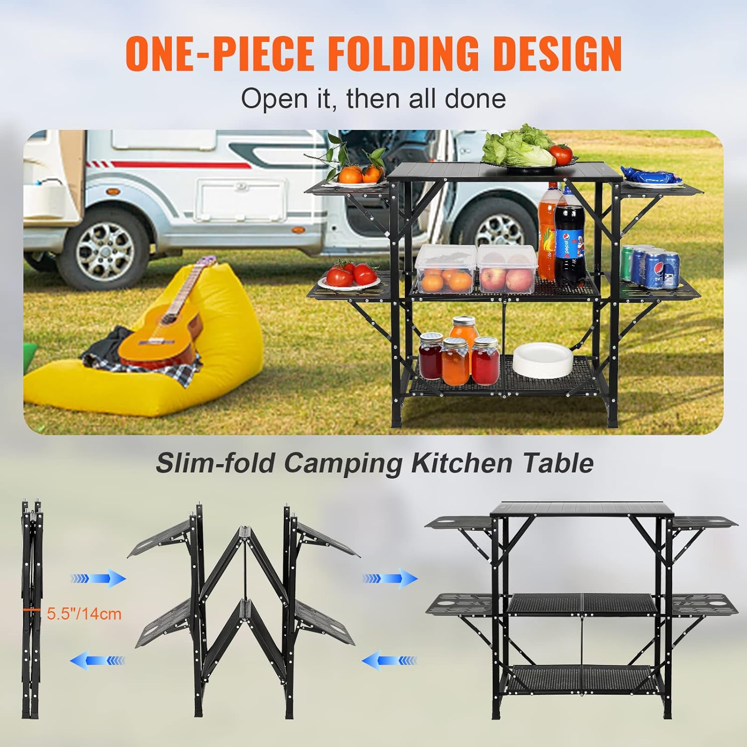 VEVOR Camping Kitchen Table, One-Piece Folding Portable Cook Station with a Carrying Bag, Aluminum Camping Table 4 Iron Side Tables & 2 Shelves, Ideal for Outdoor Picnics, Bbqs, Camping, RV Traveling image number 6