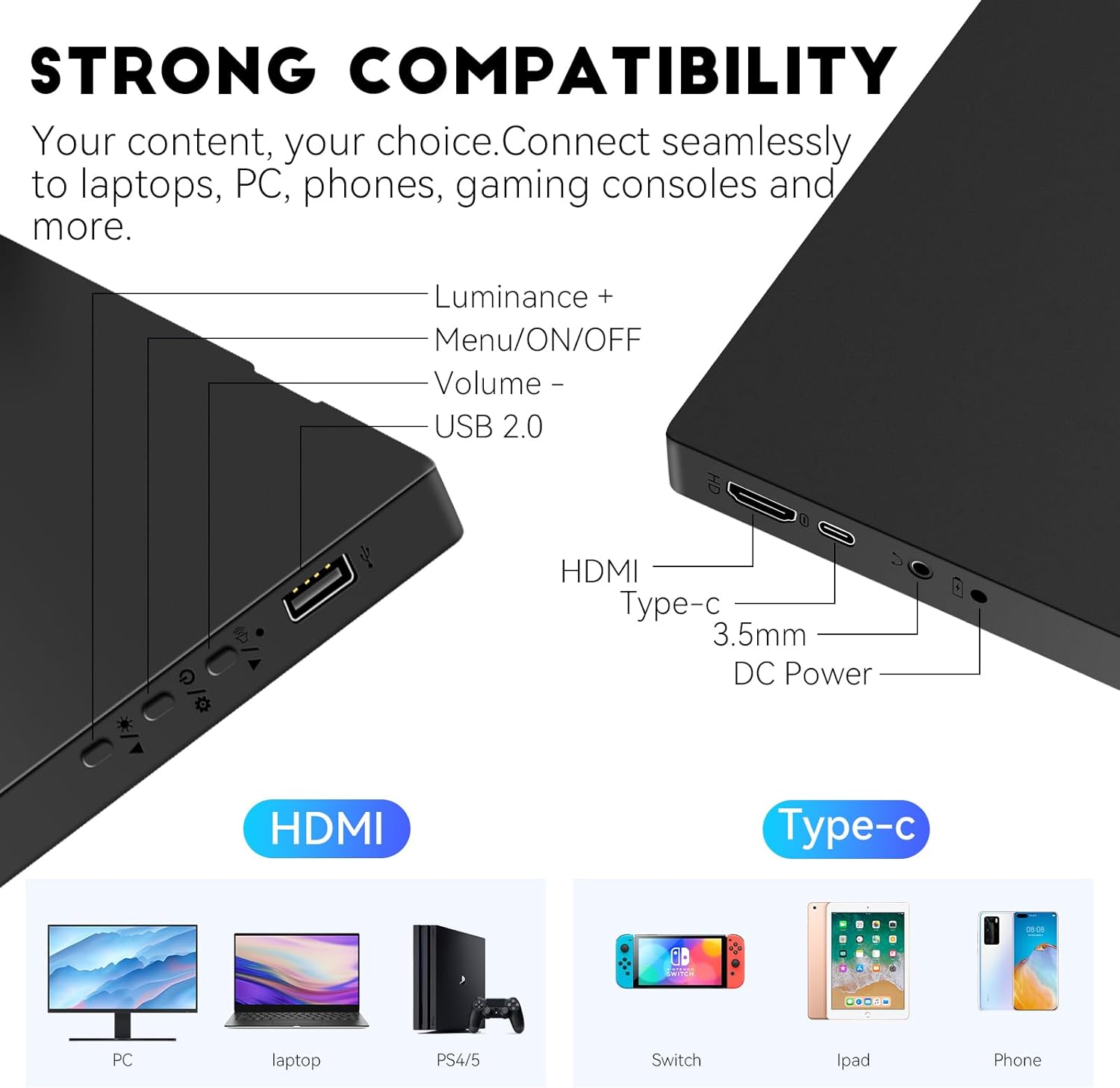 Portable Monitor 17.3Inch 1600X900 HDMI USB-C Laptop Gaming Monitor with Built-In Speakers and Stand External Slim Travel Monitor Mac Smartphone PS4/PS5 Gaming Monitor Second Monitor image number 1