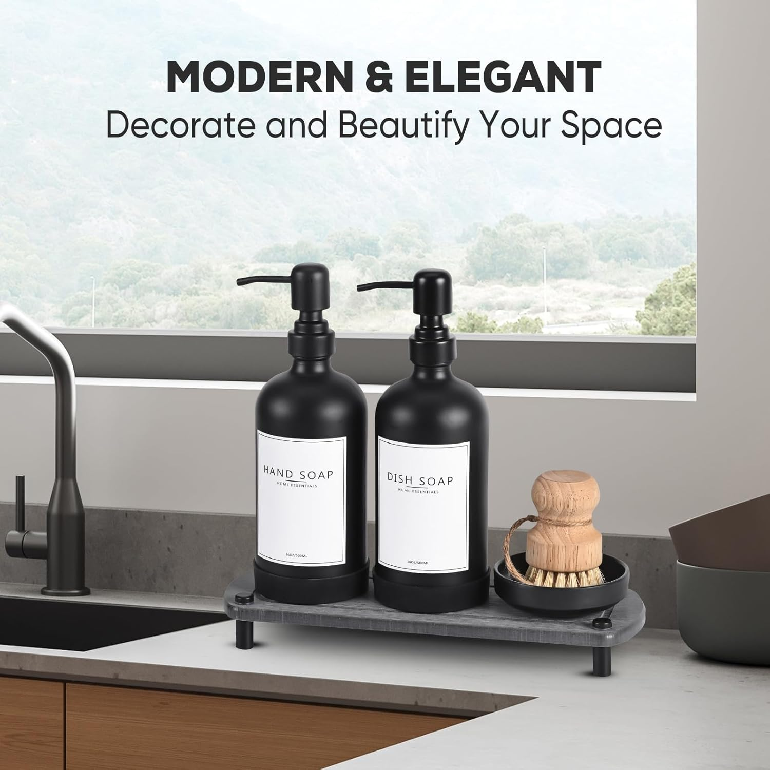 NEECZS Kitchen Soap Dispenser Set with Instant Dry Tray,16 Oz Hand and Dish Soap Black Glass Dispenser Set,Stainless Steel Pump,Waterproof Labels&Dish Brush,Luxury Soap Bottle for Kitchen,Bathroom image number 3