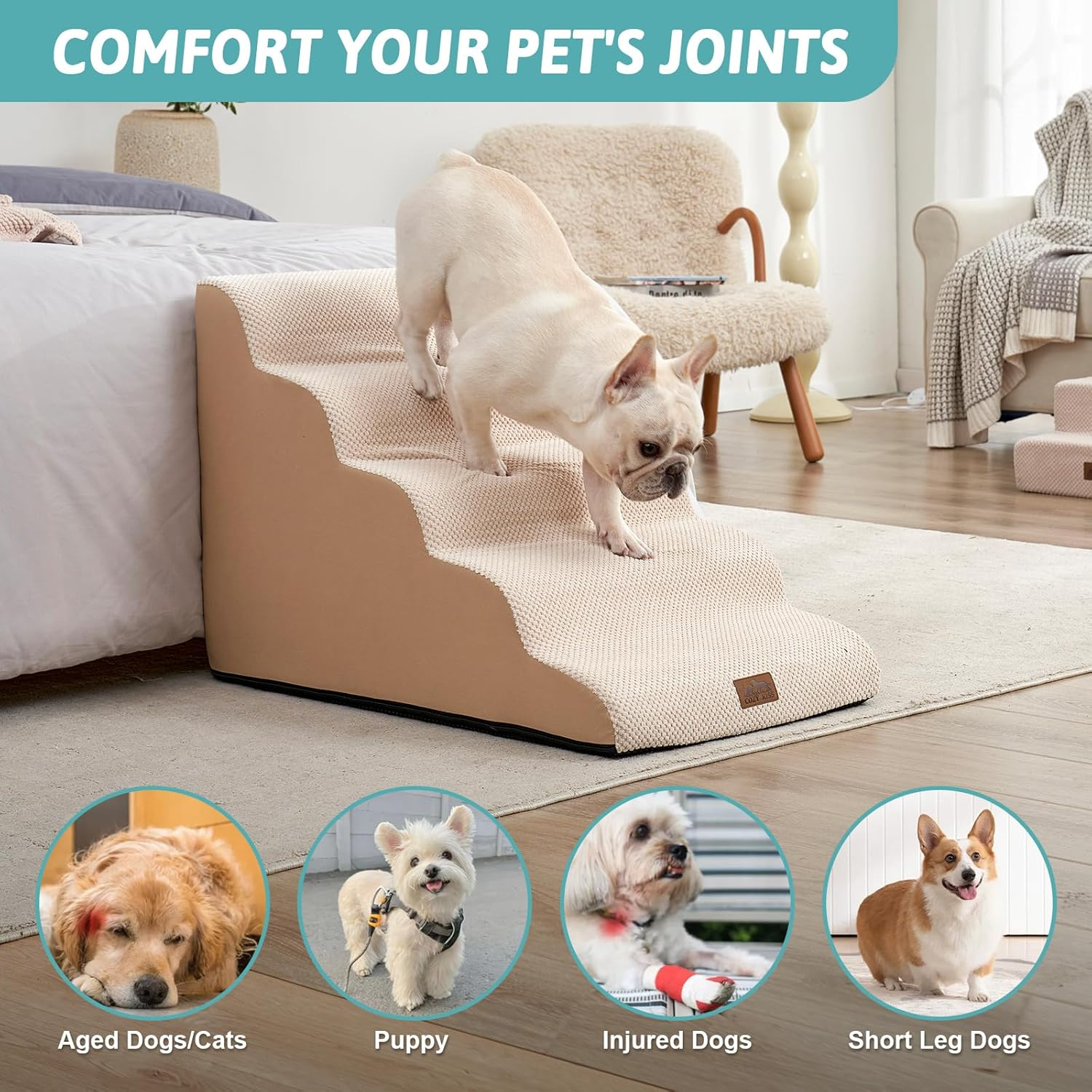 Cosy KISS Wide Dog Stairs for Large Dogs 50Cm Width, Dog Step for Small Dogs, Puppy or Cat, Medium Pet Ramp for High Bed or Car, High Density Foam Ladder, 50X84X57 Cm, Stable, 5 Step, Beige image number 4