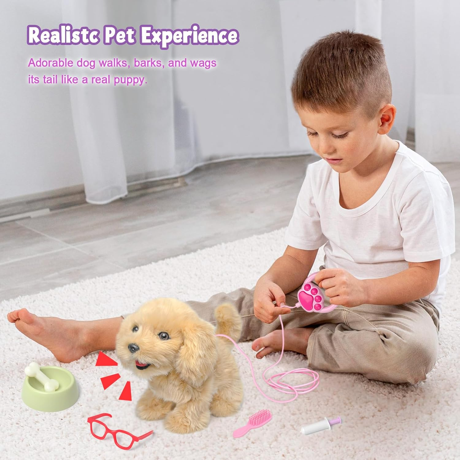 YH YUHUNG Dog Toys for Kids, Interactive Puppy Dog with Lead That Walks and Barks, Realistic Electronic Plush Robot Dog, Grooming Kit, Educational Toy from 3 Years image number 5