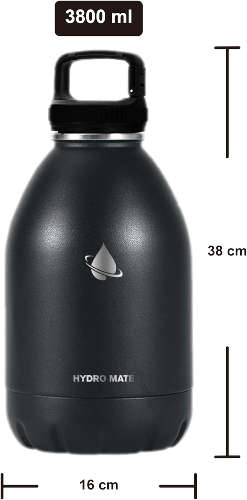 Hydro Mate Extra Large Stainless Steel Water Bottle (Black, 3800Ml) - Double Wall Vacuum Insulated, Long Hours Temperature Retention, Anti-Sweat, Bpa-Free Lid, Durable Powder Coating&hellip; image number 1