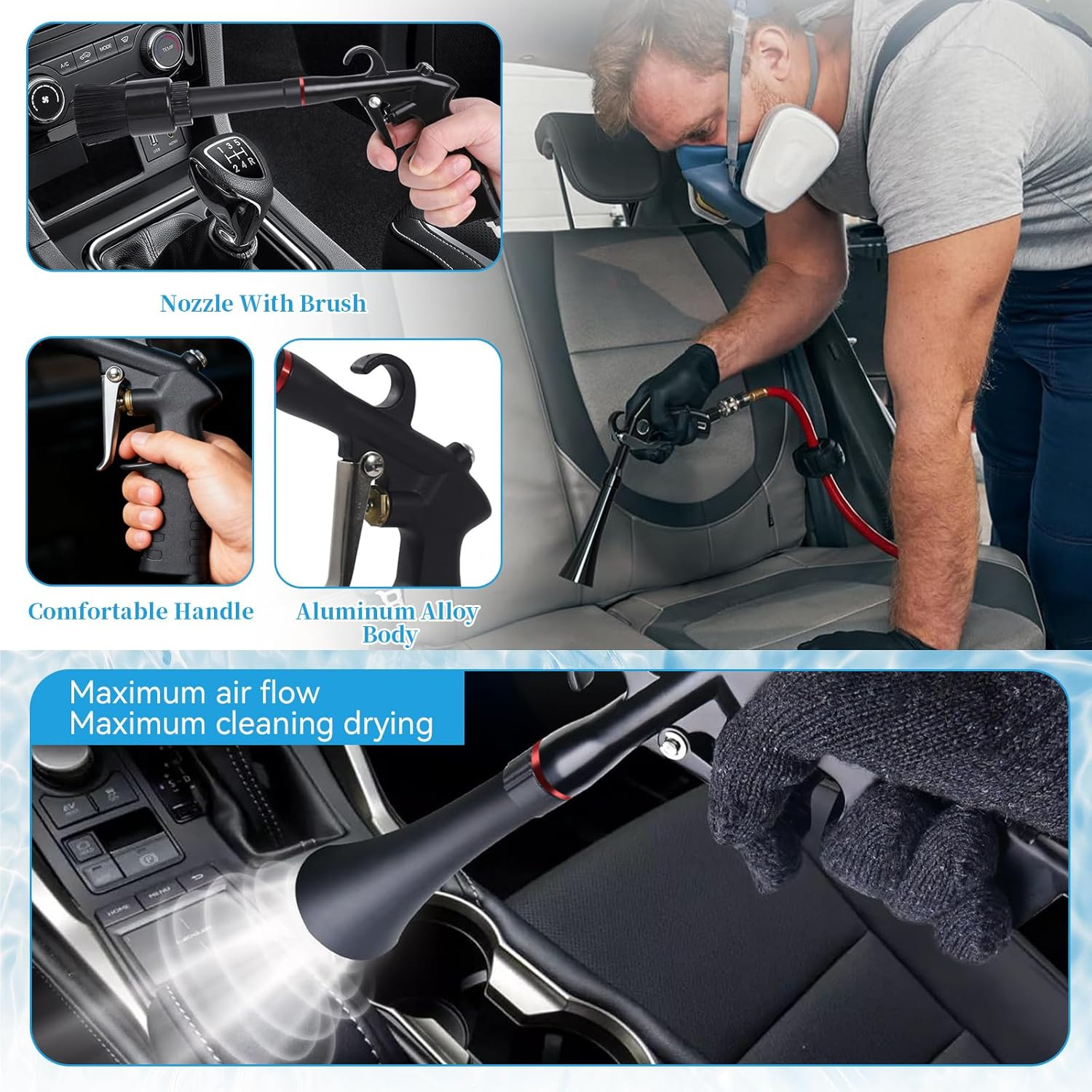 Car Cleaning Tool Set, High Pressure Air Blow Cleaner for Detailing, Multi-Purpose Car Duster Blower Cleaner Kit with Long Nozzle, Quickly Blast Dirt & Dust from Car Interior Cleaning (Black) image number 6