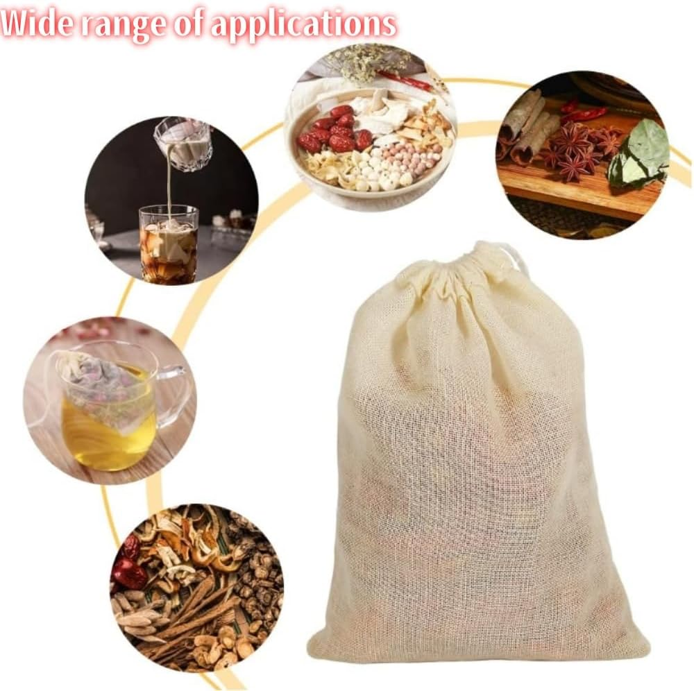 60 Pieces Spice Bags for Cooking Cheesecloth Bags for Straining Reusable Empty Tea Bags Drawstring Soup Bags Muslin Bags (8 X 10 CM) image number 1