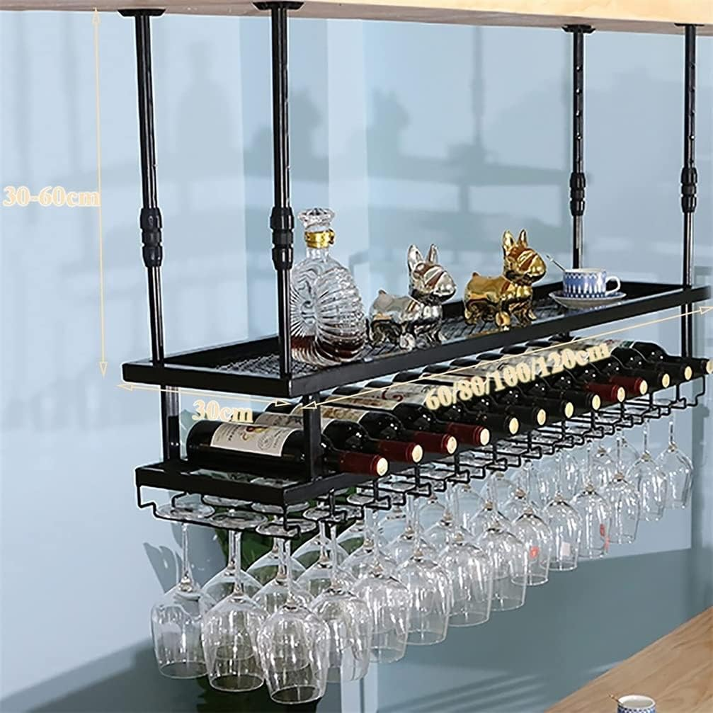 Wine Rack with Shelf Ceiling Shelf Hanging Wine Glass Rack 2 Tier Industrial Wine Rack Floating Bar Shelves for Bottles (Color : Black, Size : 120 * 30Cm) image number 2
