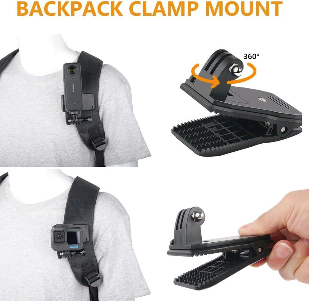 YEHOLDING Action Cam Mount Kit for Insta360 X4/X3/X2/Ace Pro/Ace, Backpack Clip, Chest Strap, Head Strap, Floating Mount, Black, Compatible with Gopro Hero, SJCAM (Pack of 10) image number 4