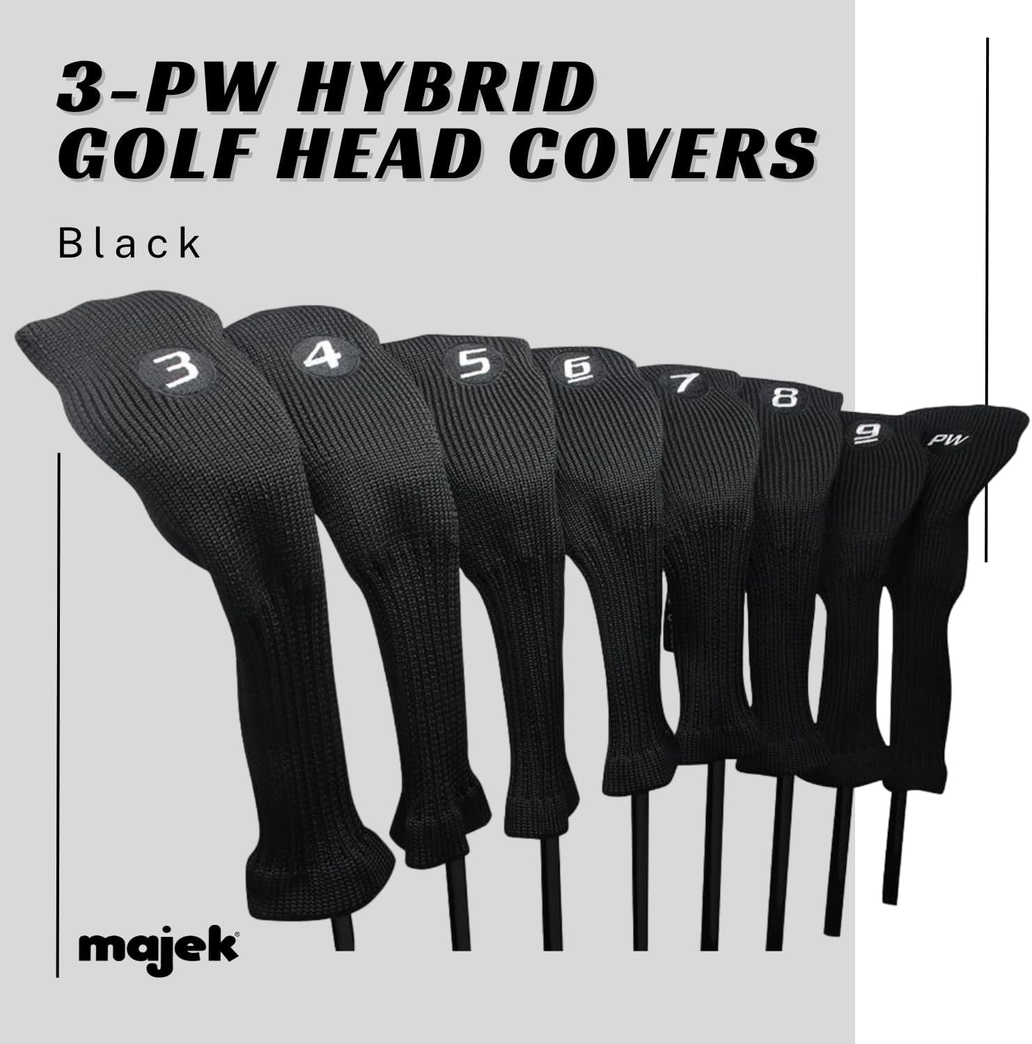 Majek All Hybrid Head Cover Golf Club Black Sleek Tight Fit Headcover Set 3-PW Acrylic Head Covers 3 4 5 6 7 8 9 PW Easy to See Large White Embroidered Numbers