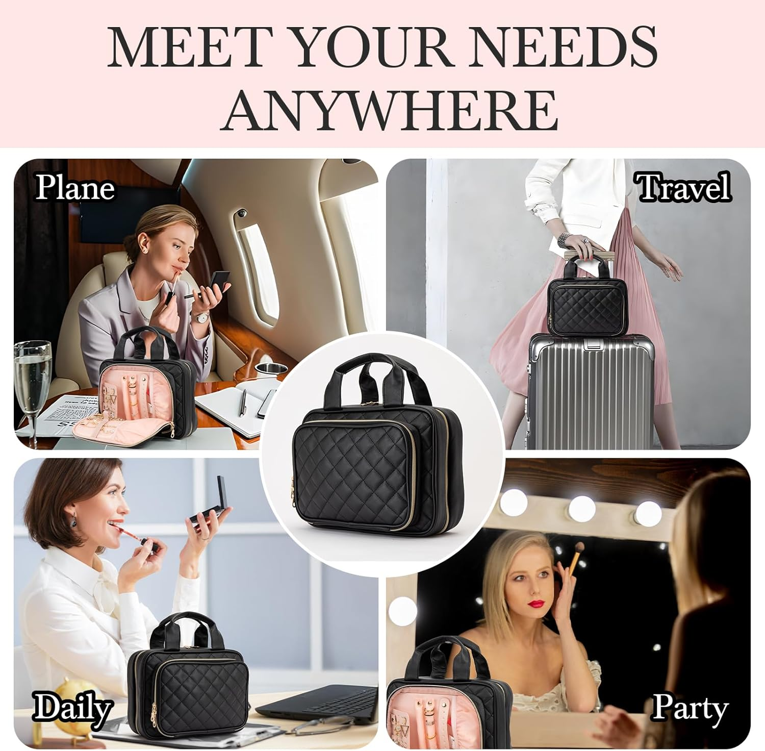 Elite Dance Gear Travel Toiletry Bag with Mirror - Cosmetic Bag with Hanging Hook for Women & Men - Container for Travel Accessories, Essentials, Toiletries, Jewelry, Black, Toiletry Bag with Rack