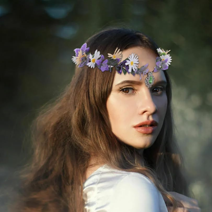 IYOU Elf Fairy Flower Crown Purple Floral Headband Crystal Leaf Headpieces Beach Wedding Hair Accessories for Women and Girls image number 1