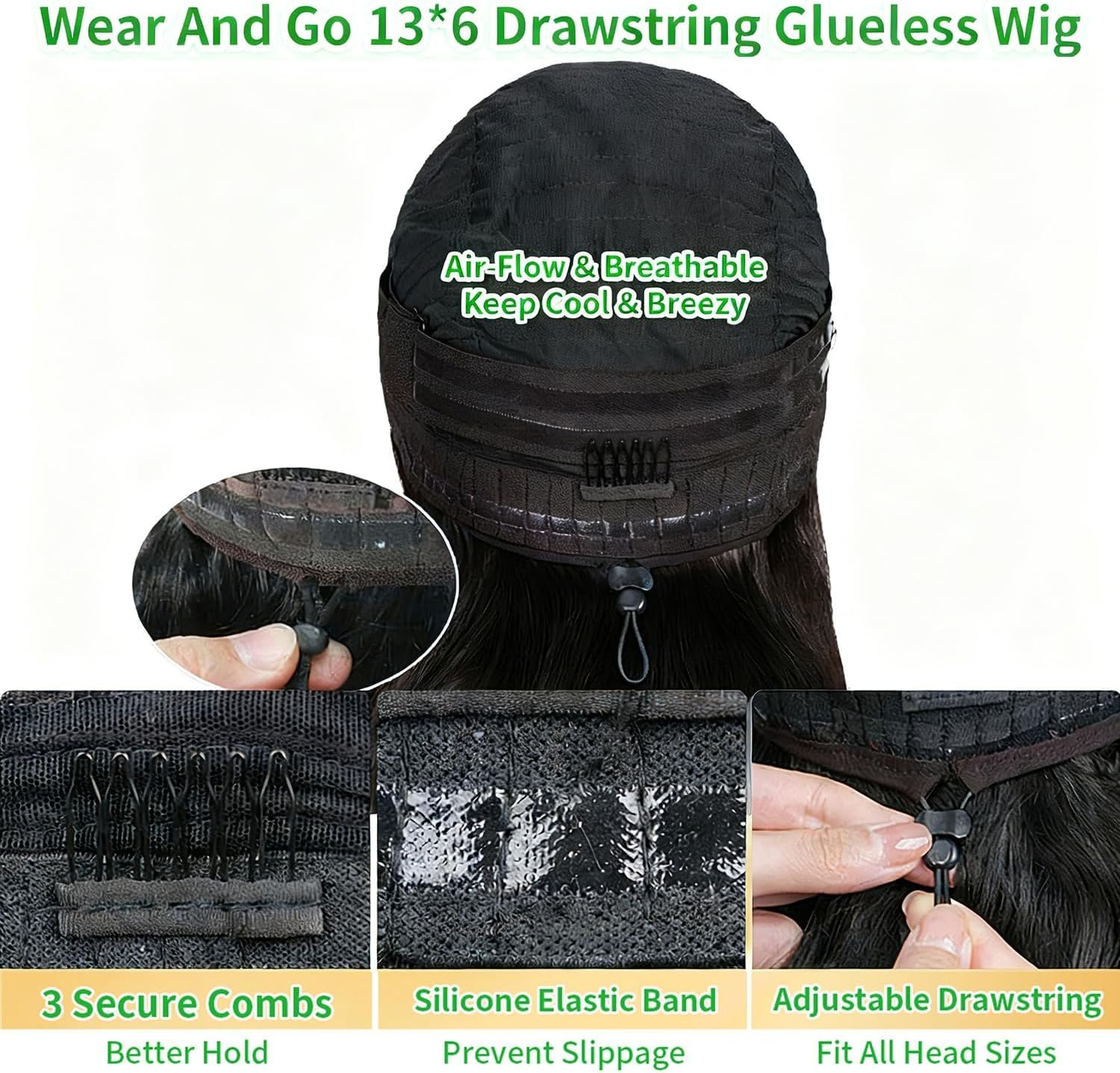 GABRIELLE 20 Inch Drawstring Body Wave Wear and Go 13X6 Lace Frontal Wigs Human Hair 200 Density HD Lace Front Wig Pre Plucked Pre Cut Glueless Wigs for Women Natural Black Glueless Human Hair Wig image number 6