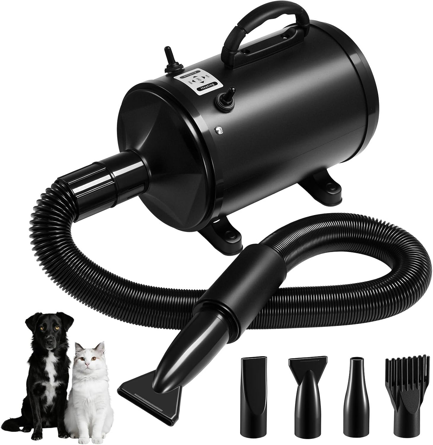 Pet Scene Dog Cat Hair Dryer Pet Grooming Kit with 4 Nozzles Blow Hairdryer Blower Heater Air Blaster Low Noise Adjustable Speed Temperature Negative Ion Wind image number 2