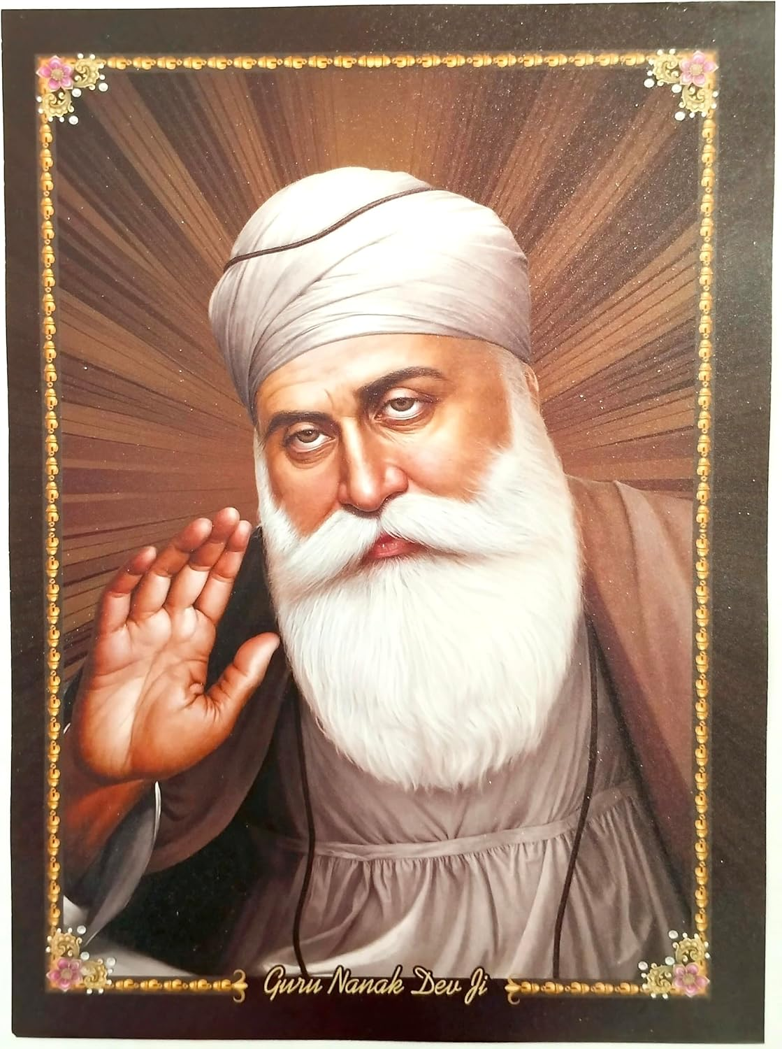 Guru Nanak Dev Ji Photo Poster (18X14 Inch) - Guru Nanak Dev Ji, Guru Gobind Singh Ji, Baba Deep Singh Ji, Guru Angad Dev Ji, Char Sahibzade, Mata Gujri Ji, Chaar Sahibzaade, Das Guru, Guru Granth Sahib Ji, Khalsa Panth Ji | Elegant Golden Temple Frame | Sikh Religious Decor | Spiritual Home Decor | Sikh Gift Idea | Sikh Gurus Photo | Punjabi Religion Photo | Perfect for Home or Office
