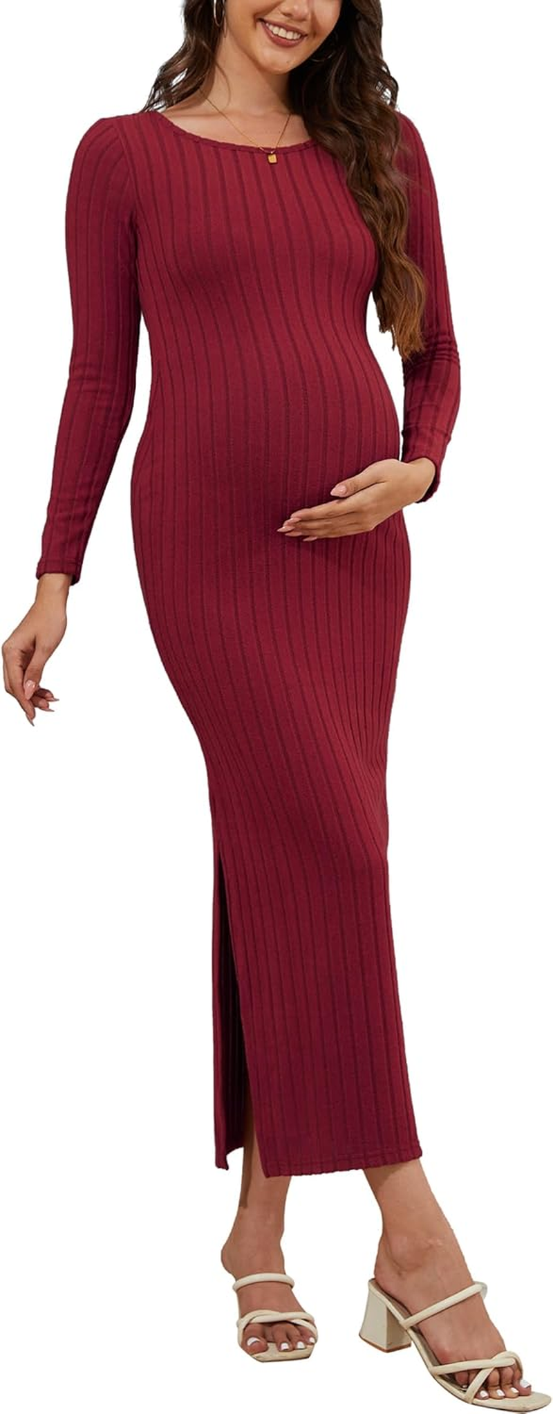 Women'S Maternity Sweater Dress Ribbed Knit Long Sleeve Maxi Bodycon Dress Pregnancy Outfits image number 2