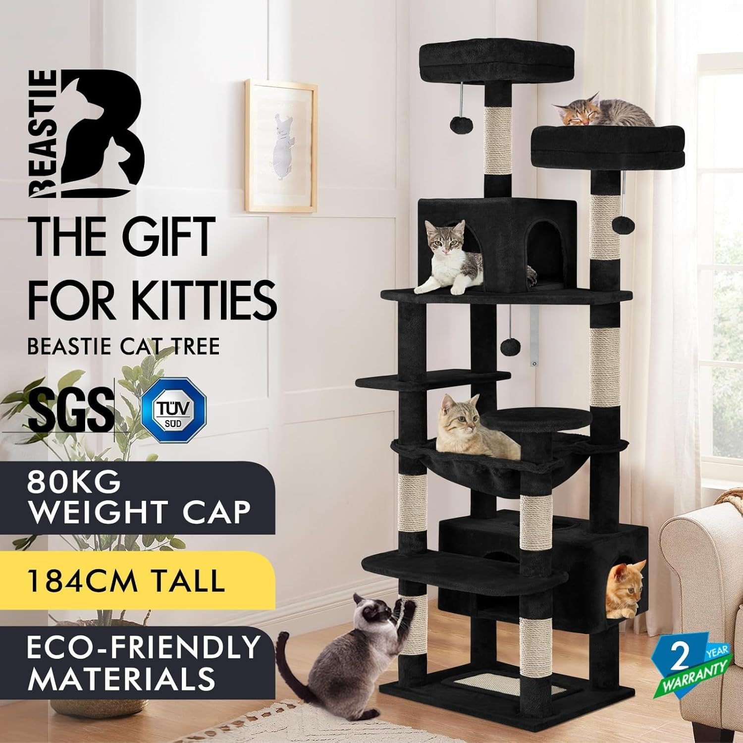 BEASTIE Cat Tree Play Tower 184Cm Tall, Multi-Level Kittens Scratching Post Tower with Scratching Pad, Multi-Story Pet Dens Condo Wood House Furniture with Sisal Scratcher Poles for Kitty, Black image number 2