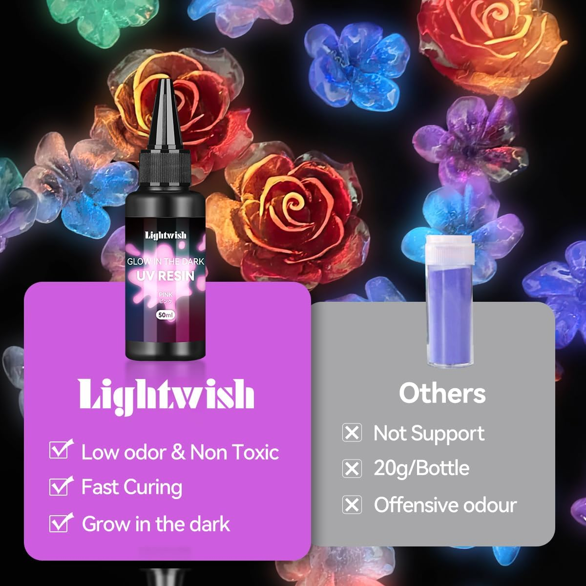 LIGHTWISH Glow in the Dark UV Resin 400G - 8 Colors Odorless, Quick Ultraviolet Curing for Small Craft, Jewelry Making, DIY Projects image number 4