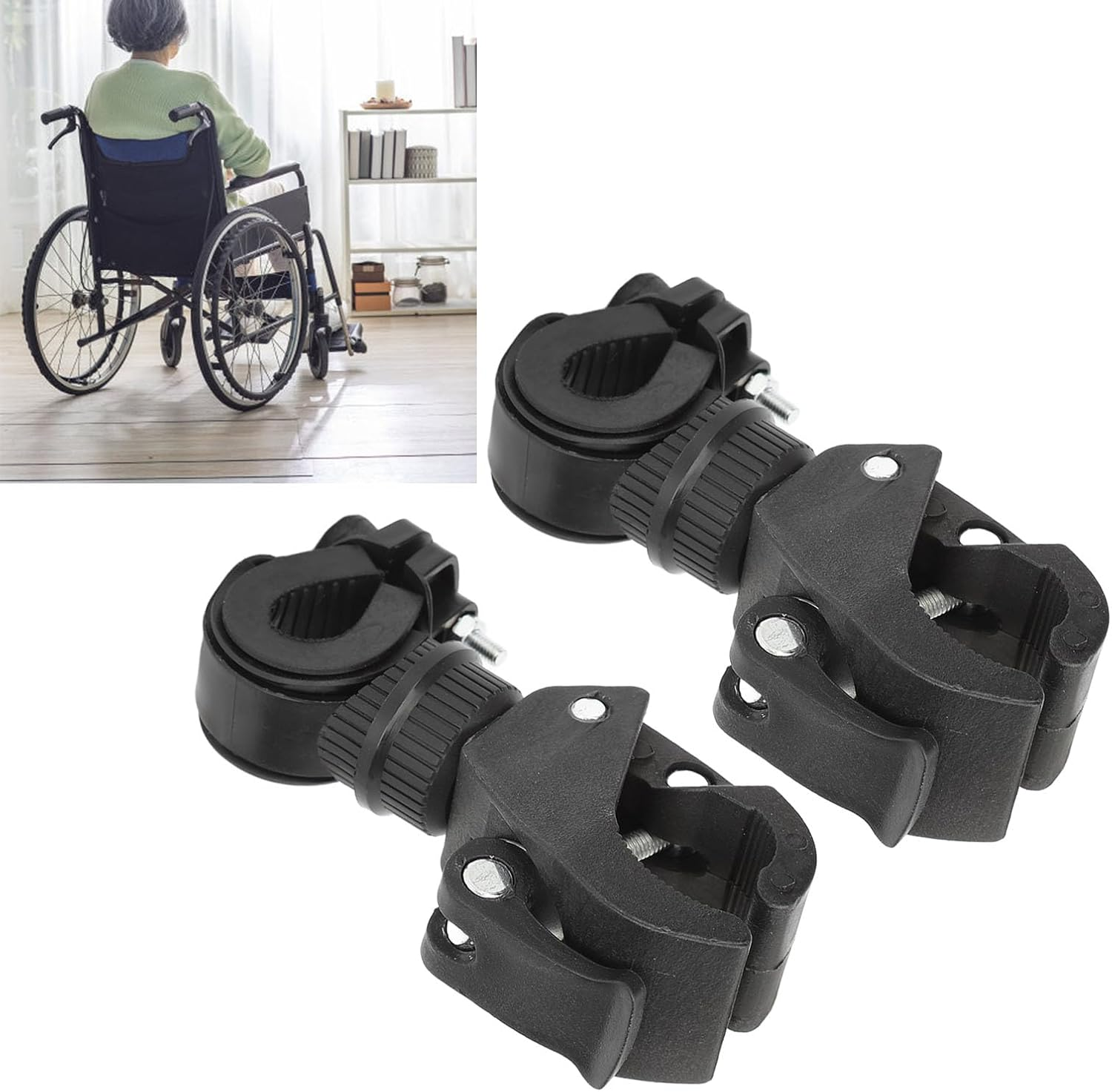 Cane Holder for Walker, 2 Sets 360&deg; Rotation Universal Adjustable Walking Stick Holder, Walking Stick Rack Wheelchair Accessories for Seniors Wheelchairs, Walker Rollator image number 2
