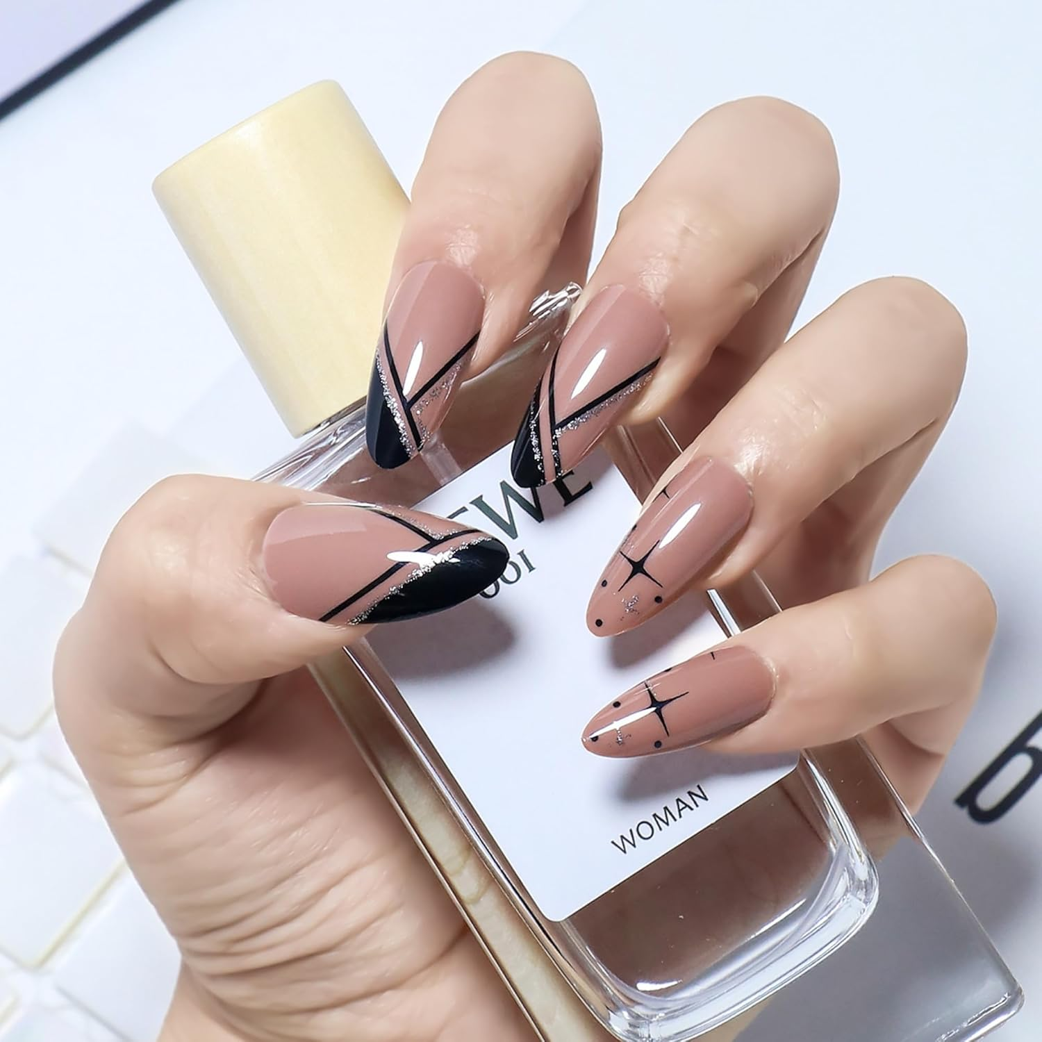 Press on Nails 24Pcs Acrylic French Full Cover False Nails Light Color Almond Fake Nail Women Girls Daily Decoration Nail Extension Easy DIY Black Line image number 6
