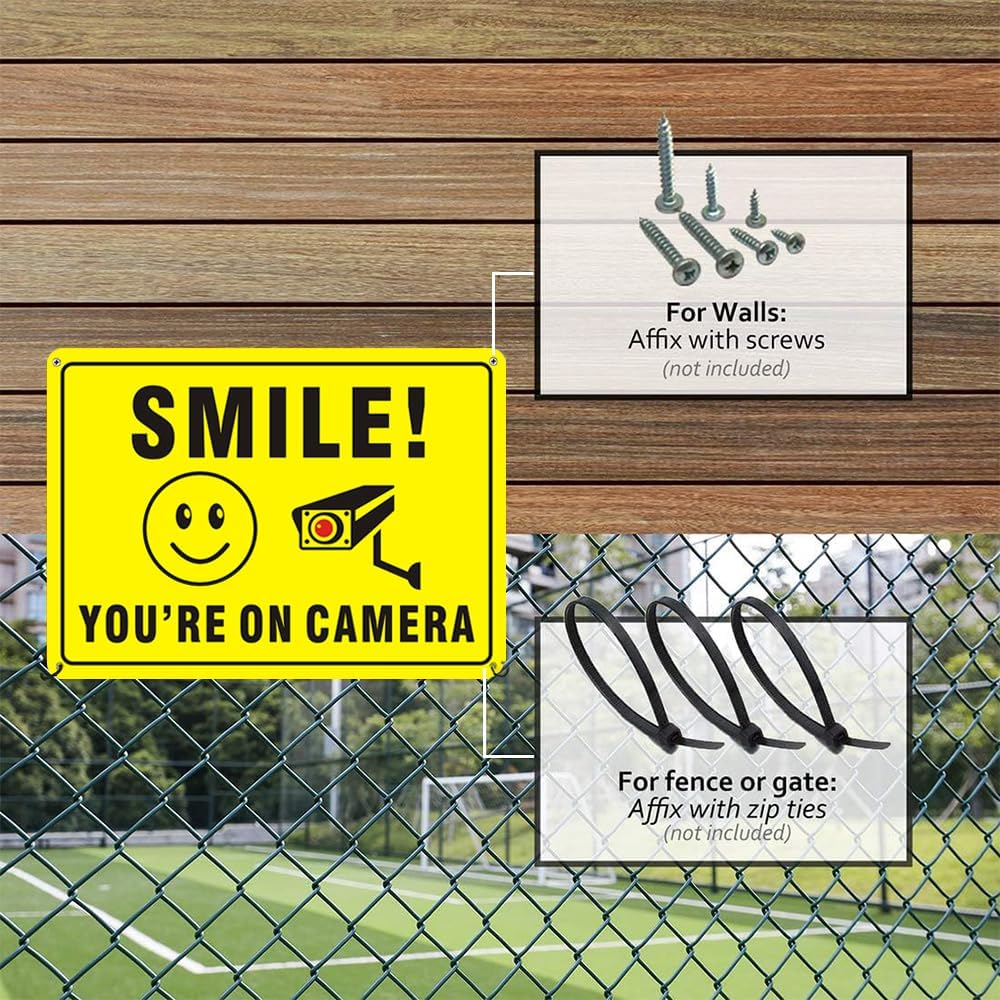 4-Pack Smile You&rsquo;Re on Camera Video Surveillance Sign, 25X18Cm UV Printed Rust Free Aluminum for Home Security Business, Driveway Alert image number 4