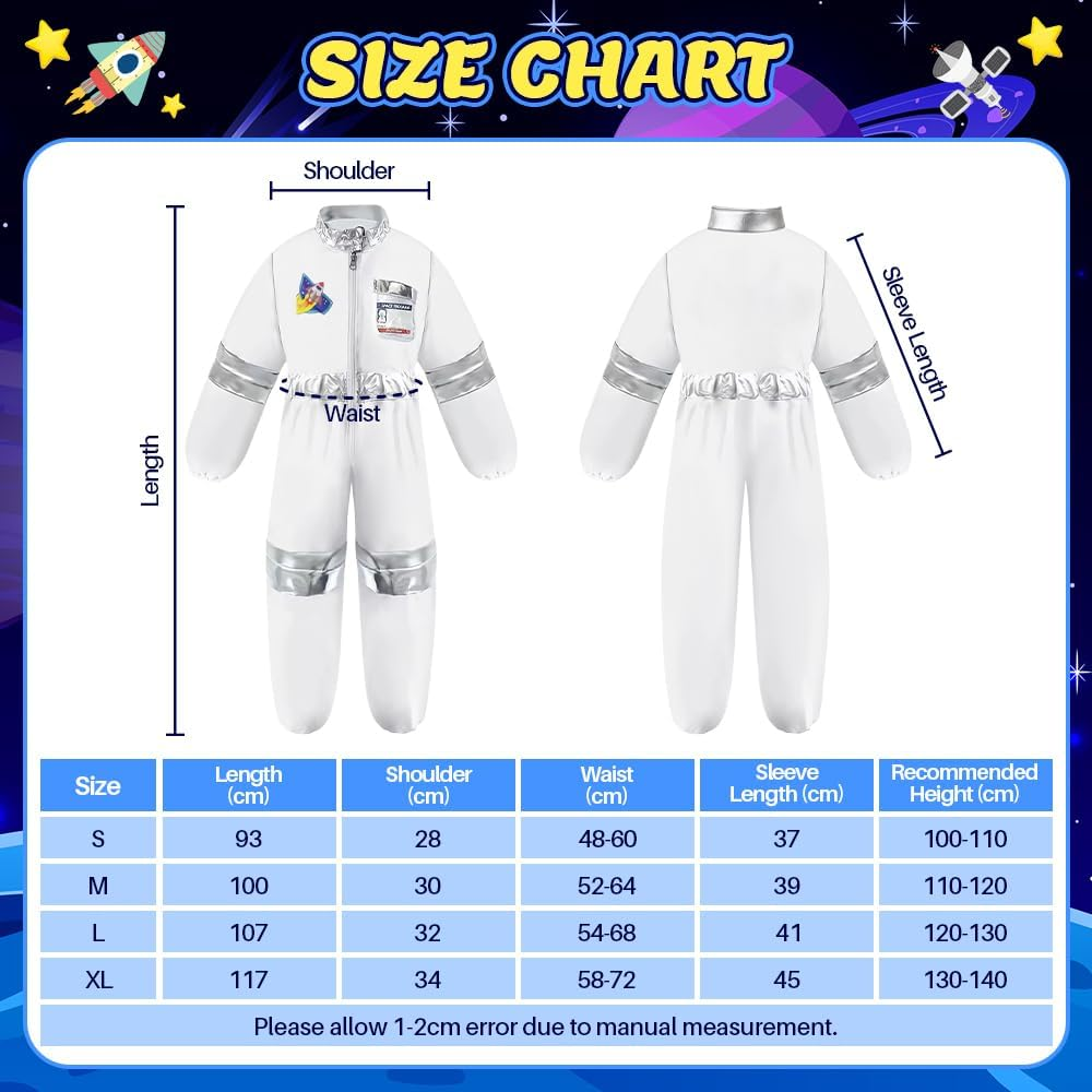AUTOWT Astronaut Costume Set for Kids, 3 PCS Zippered Space Jumpsuit, White Pilot Spacesuit Breathable Astronaut Dress up Clothes with Space NASA Hat Gloves for Boys Girls Aged 3 4 5 6 7 8 image number 1