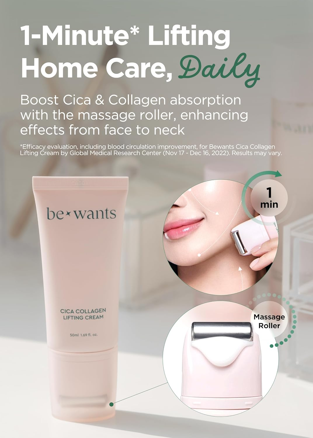 BE+WANTS [K-Beauty] Bewants Neck Lifting & Firming Cream with Centella Asiatica | Vegan Hyaluronic Acid | Neck Firming Cream Tightening Lifting Sagging Skin with Gua Sha Roller | Korean Skincare image number 5