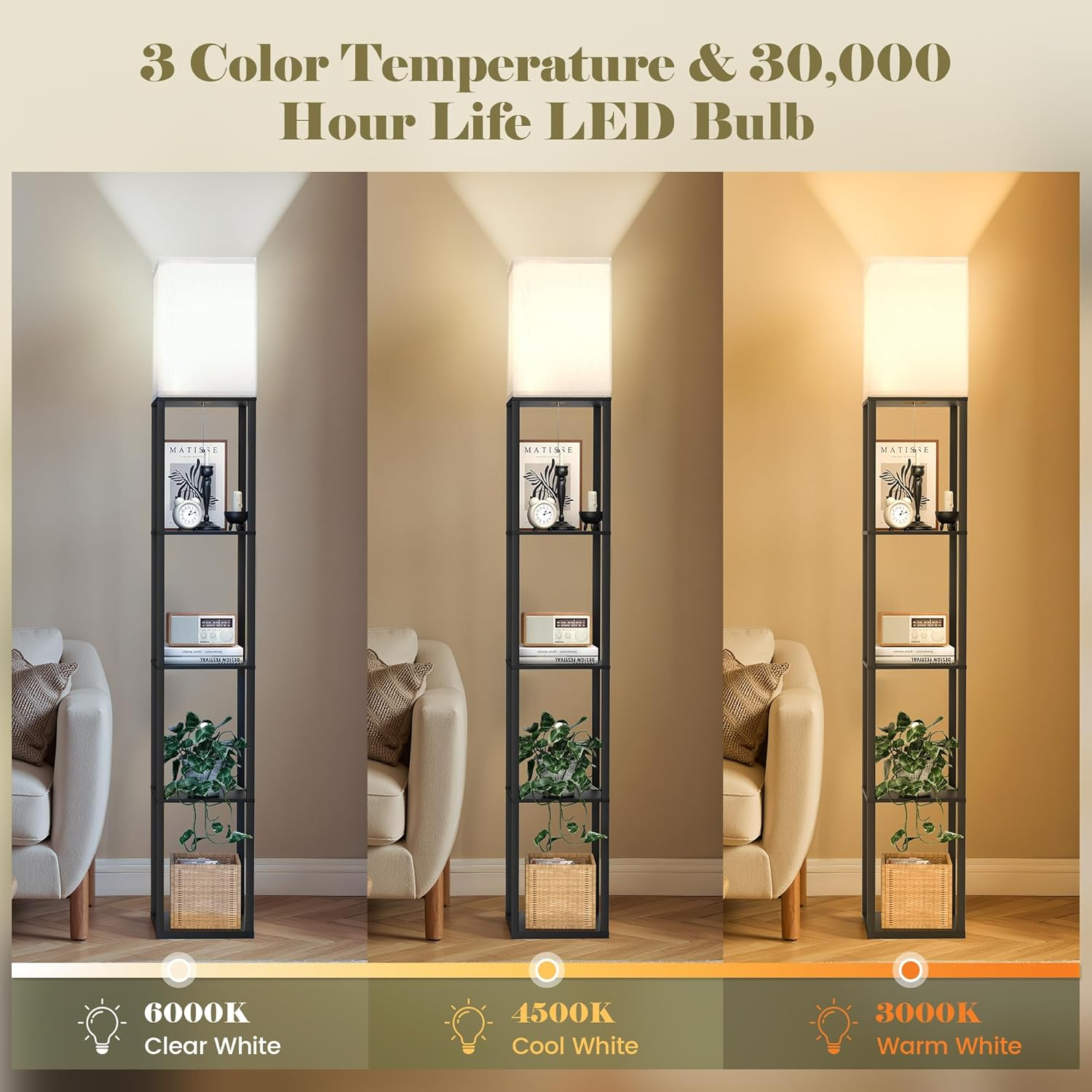 Floor Lamp with Shelves, Modern Square Shelf Lamp with 3 Color Temperature Bulb, Corner Storage Display Bookshelf Standing Floor Lamp for Living Room Bedroom Office-4 Layer