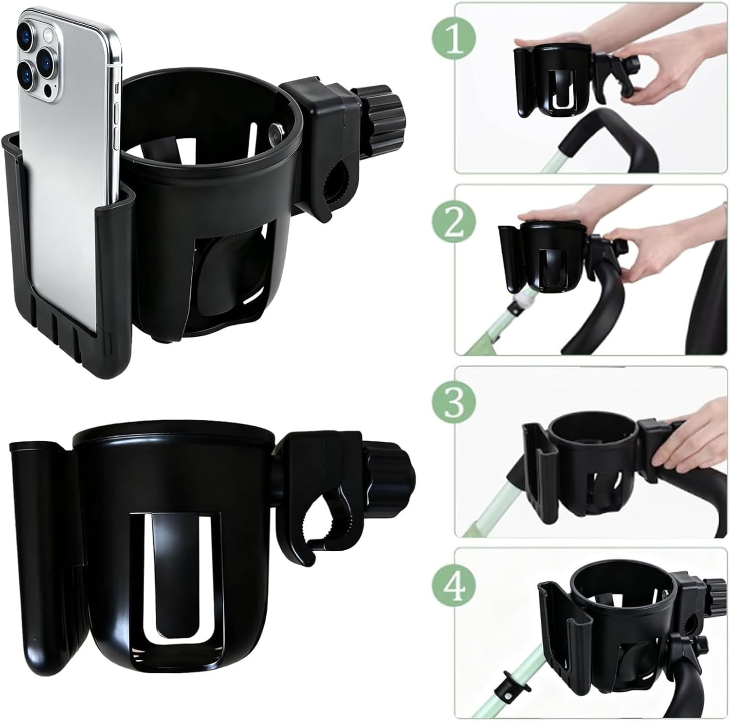 Pram Cup Holder, Stroller Cup Holder with Phone Holder, 2-In-1 Universal Cup Drink Holder for Uppababy, Nuna, Doona, Wheelchair, Bike, Scooter, 360&deg; Rotatable Pram Accessories image number 2
