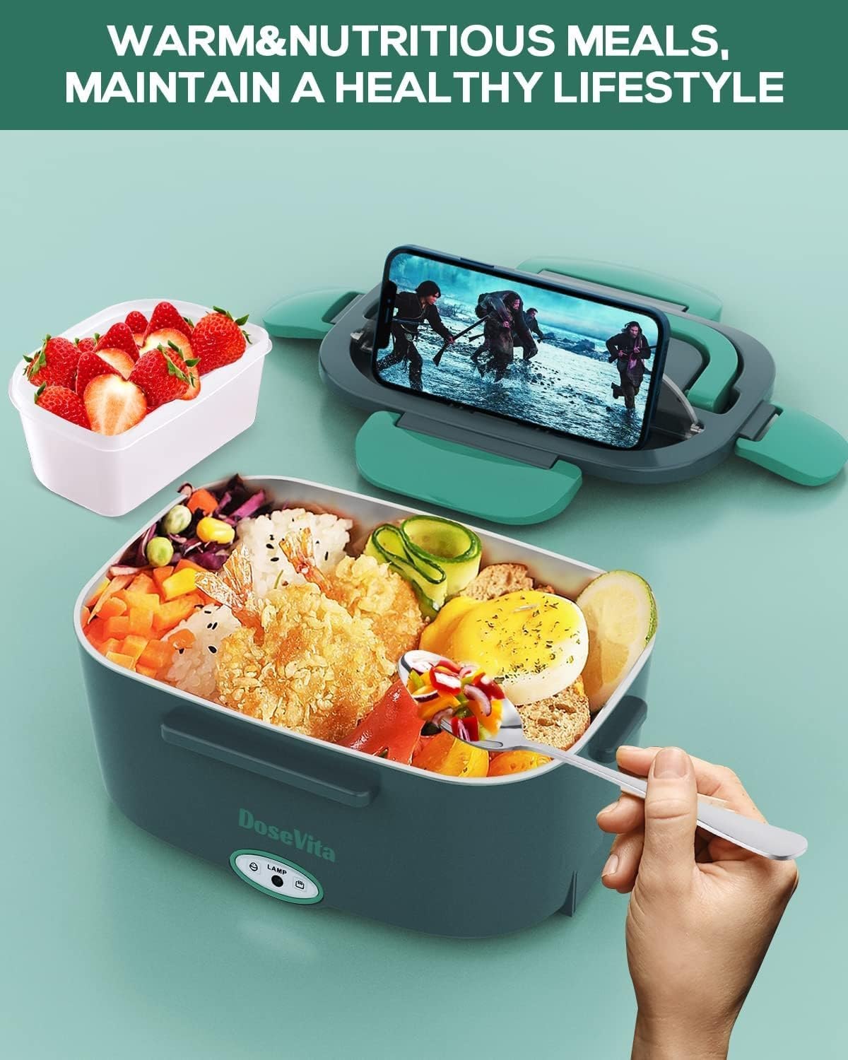 Electric Lunch Box Food Heater 60W1.5L Leak-Proof Heated Lunch Box 12V 24V 220V 3 in 1 Portable Food Warmer for Car/Truck/Office 304 Stainless Steel Container Spoon & Fork and Carry Bag (Dark Green)