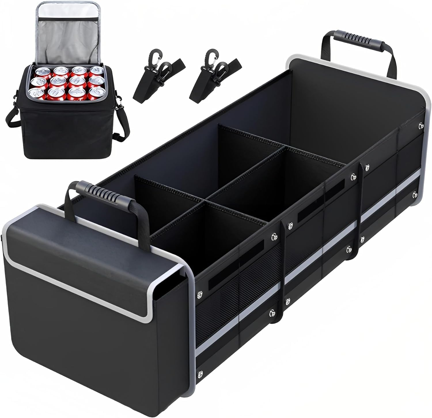 Large Car Trunk Storage Organizer with Built-In Leakproof Cooler Bag, 2 Tie-Down Straps, 4 Removable Dividers, Durable Collapsible Car Boot Organiser for SUV, Car, Sedan image number 3