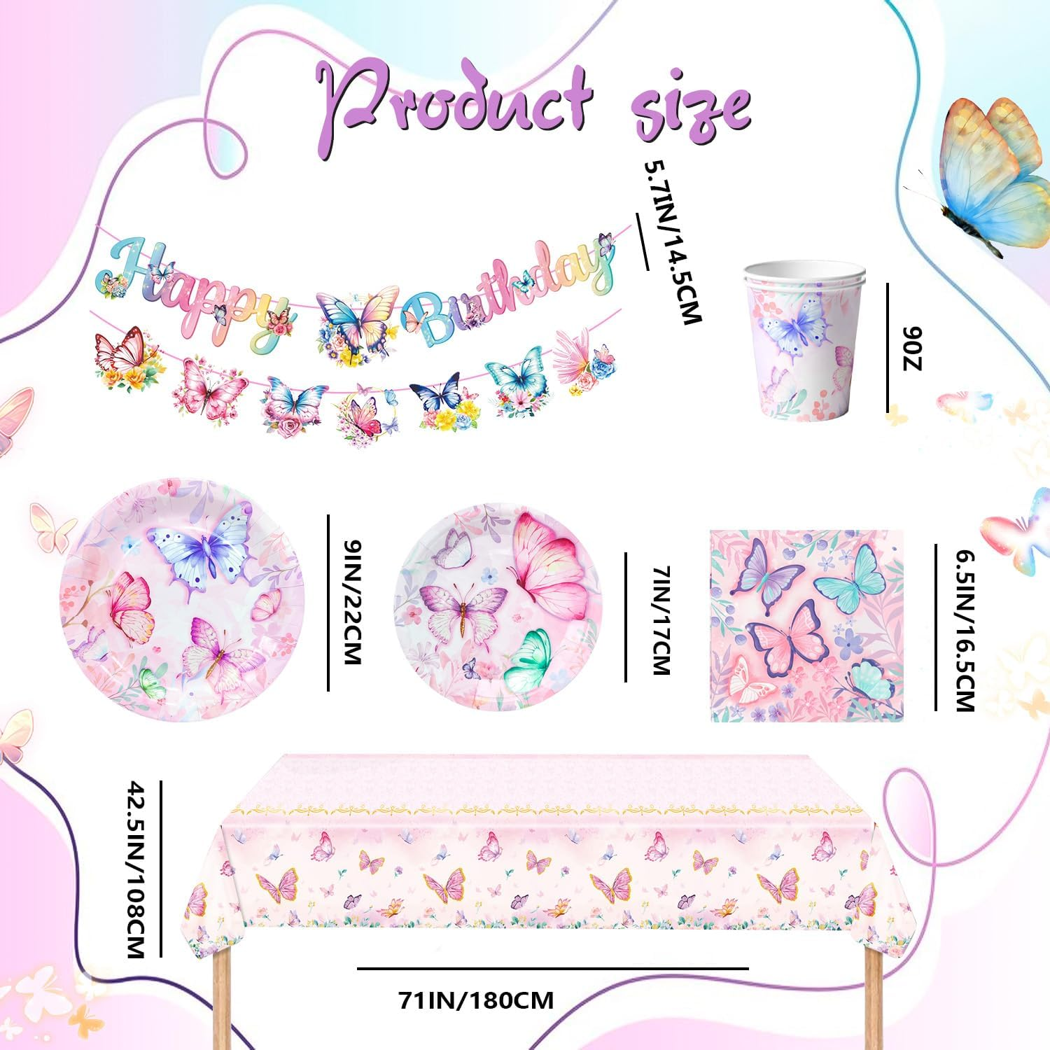 Butterfly Birthday Party Supplies, Butterfly Plates and Napkins Party Supplies - Plates Napkins Cups Tablecloth & Birthday Decorations Banner for Theme Decor image number 2
