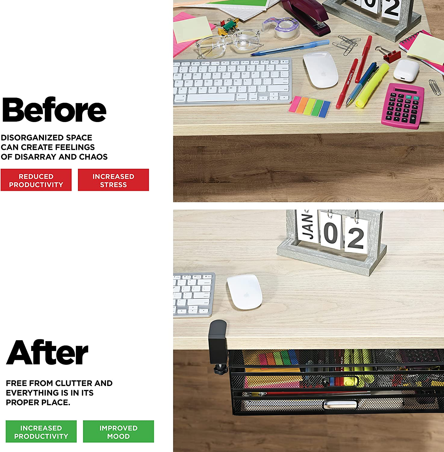 Under Desk Drawer Organizer Clamp-On, Mesh Metal Desk Drawer Attachment, 2 Drawer Slide Out, on Desk or under Desk Organizer for Office Supplies & Home Essentials (2 Drawers) image number 4