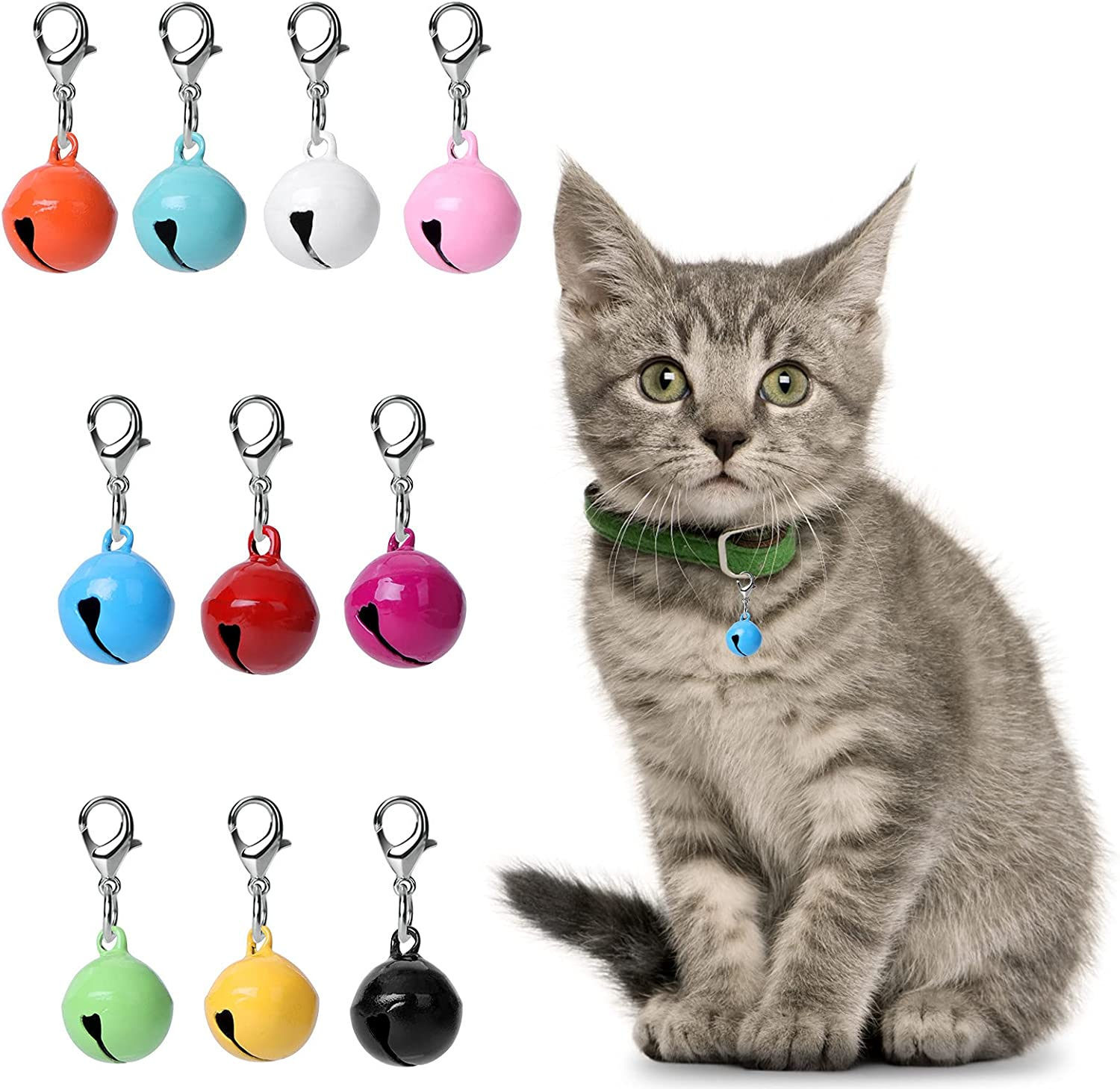 Molain 10 Pcs Cat Dog Collar Bells, Jingle Bell for Cat Collar, Dog Collar Charms, Colourful Pet Small Bells with Clasps, Pet Collar Accessories, Festival Party DIY Crafts Decoration