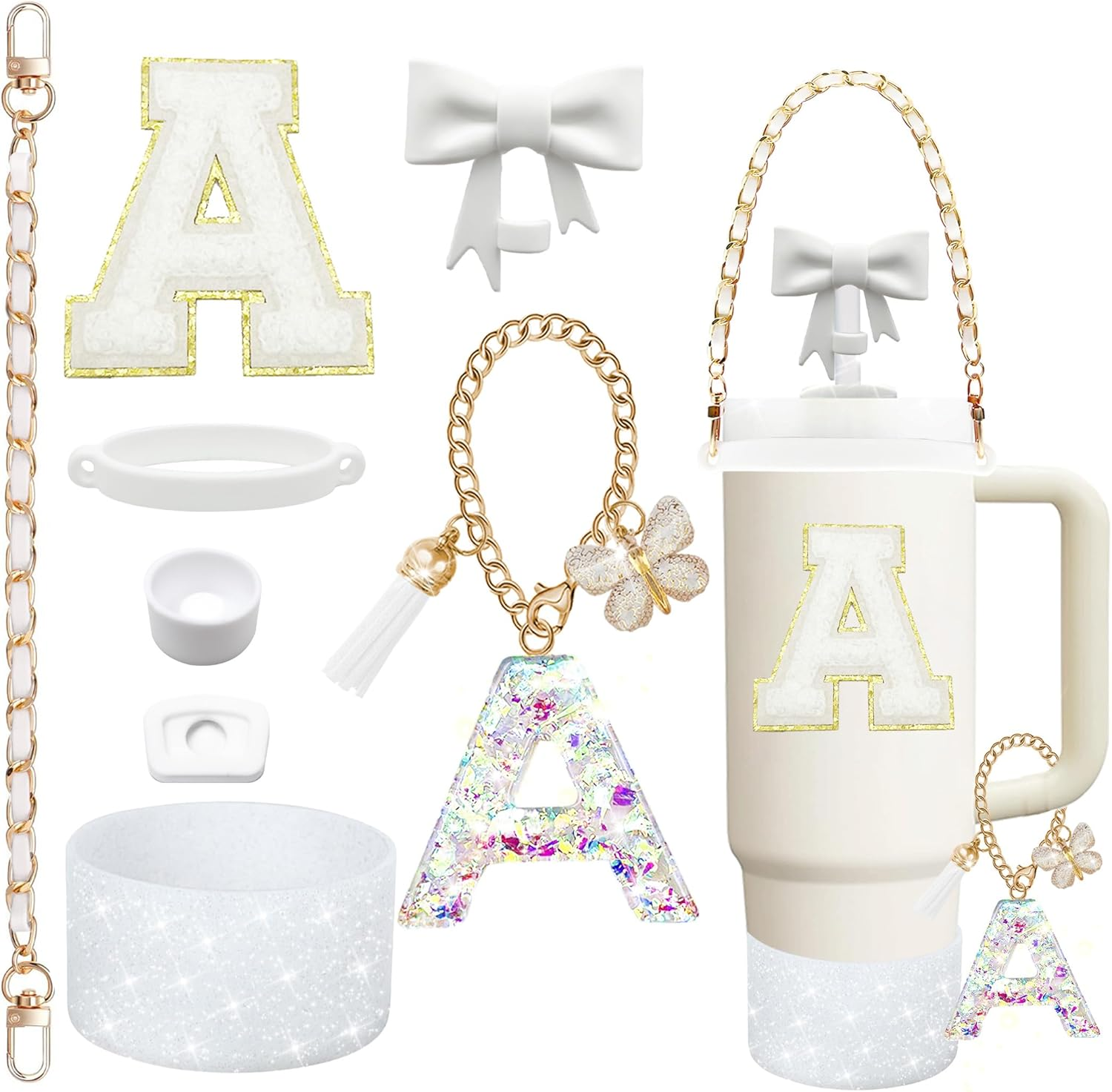 8PCS Stanley Cup Accessories Set for Stanley Cup 30Oz 40Oz Tumbler with Handle,Including Straw Topper Cover Cap and Boot,Spill Proof Stopper,Handle Charm,Initials Sticker (White M)