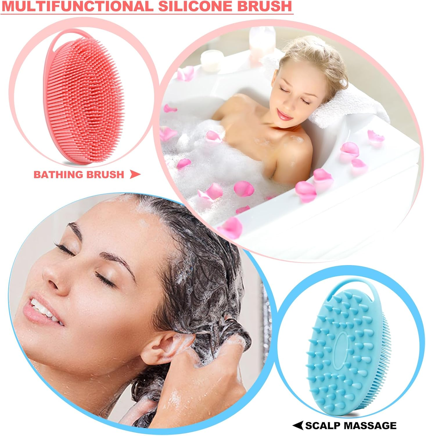 2 Pack Silicone Body Scrubber, Silicone Loofah Double-Sided Body Brush,Silicone Shower Scrubber and Scalp Massager Shampoo Brush for Sensitive Kids Women Men All Kinds of Skin (Pink & Blue) image number 3