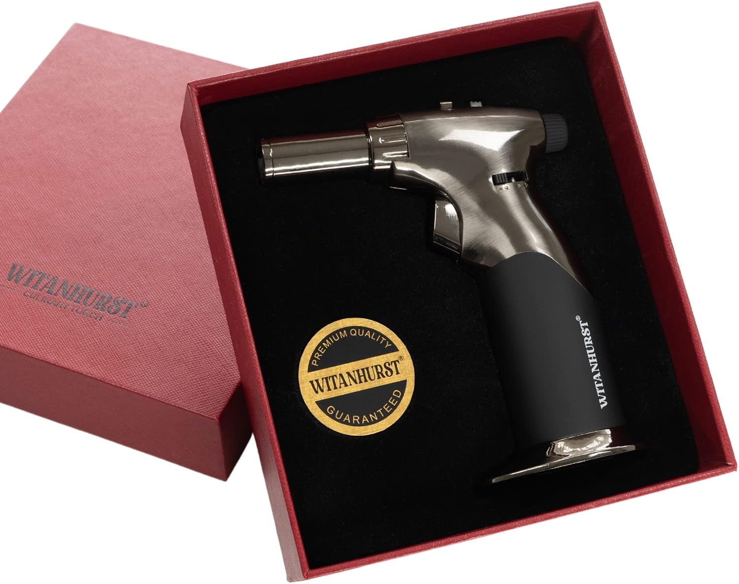 Dual Flame Butane Torch Gun - Refillable Luxury Hand Held Mini Blow Torch for Cooking, Creme Brulee, Soldering, Welding, & Resin Art - Adjustable Flame with Ignition Lock - Steel Black